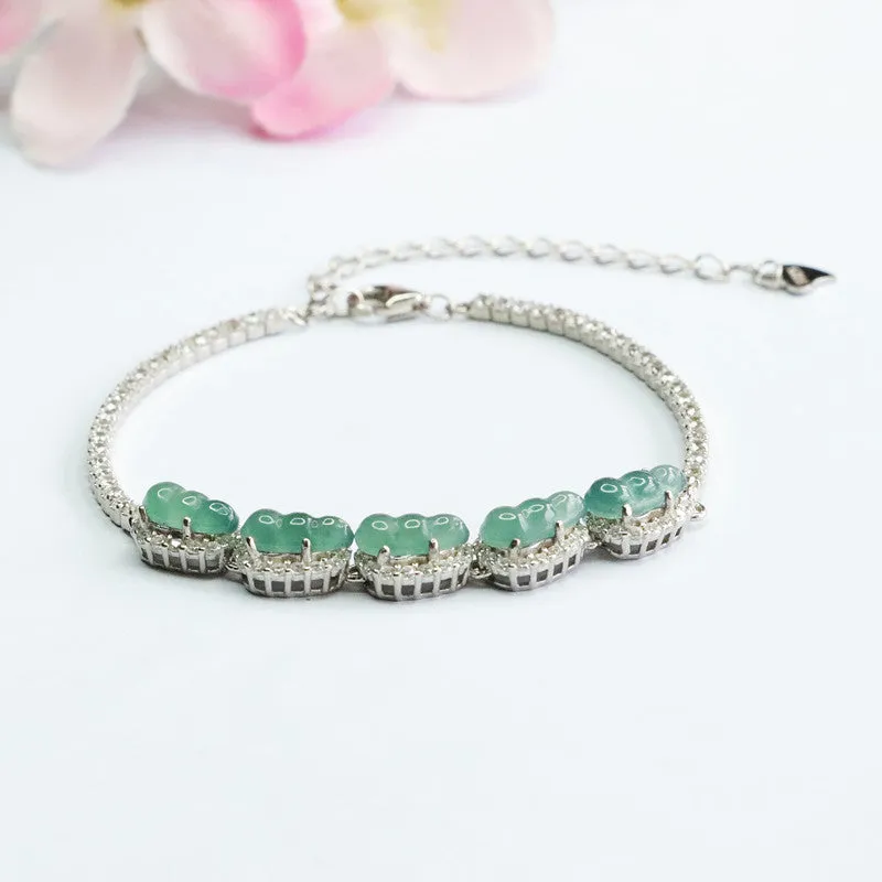 Sterling Silver Bracelet with Natural Green Jade Insets