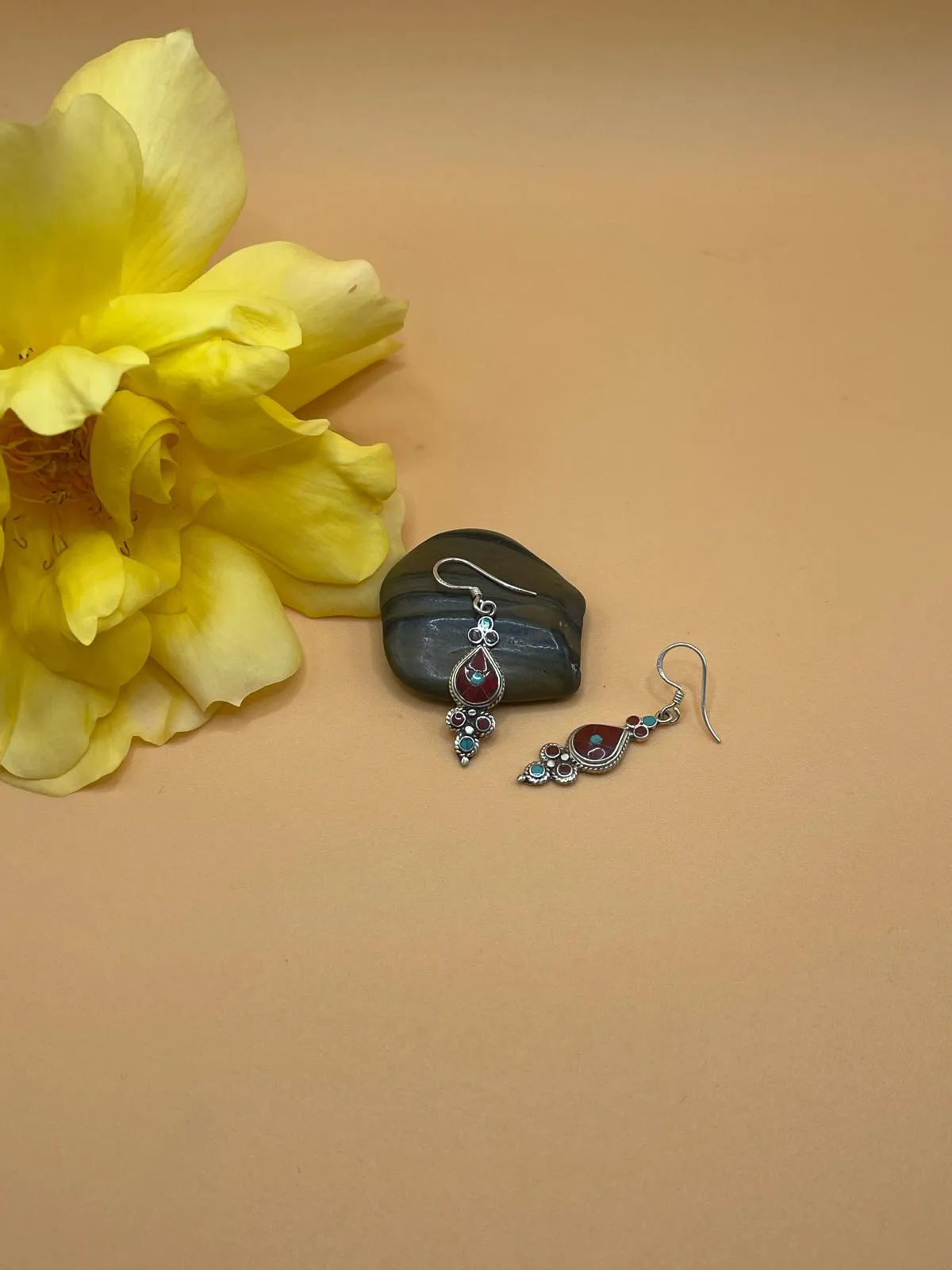 Sterling Silver Gemstone Coral and Turquoise Tibetan Tear Drop Earrings