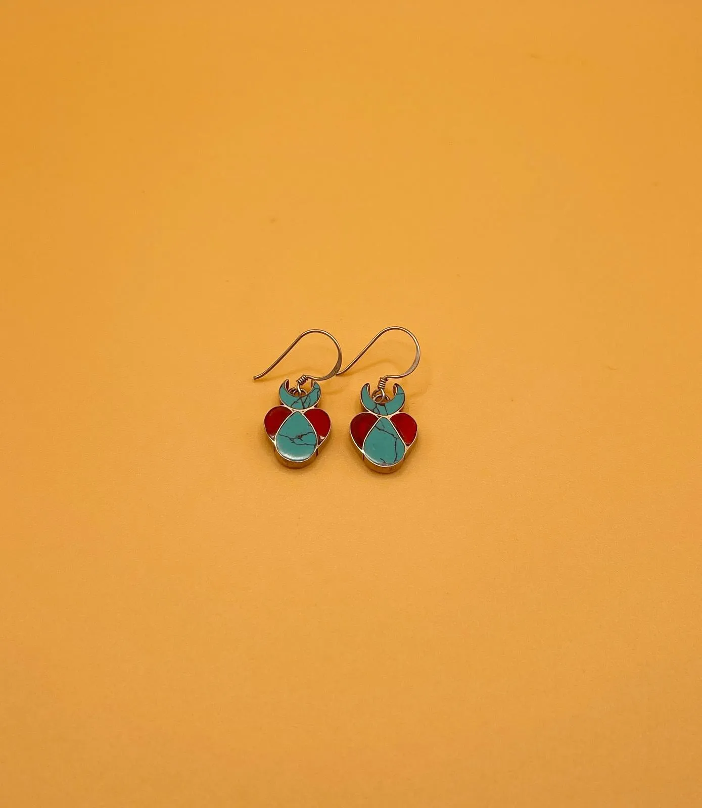 Sterling Silver Gemstone Turquoise and Coral Tibetan Earrings