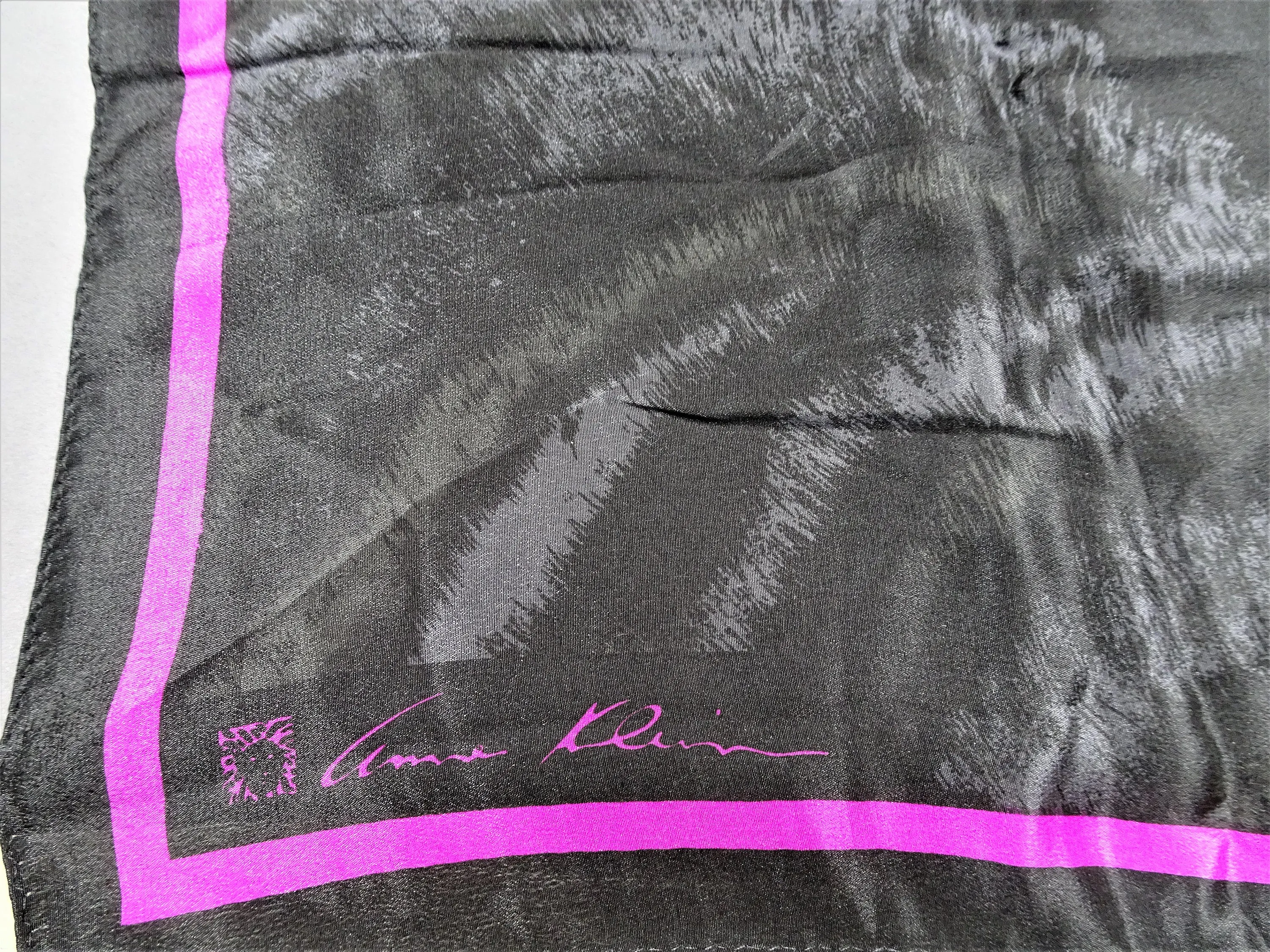 STRIKING Vintage Silk Scarf,BLACK PANTHER,Anne Klein Designer Scarf,Black Pink,Wear It or Frame it,Collectible Vintage Silk Scarves