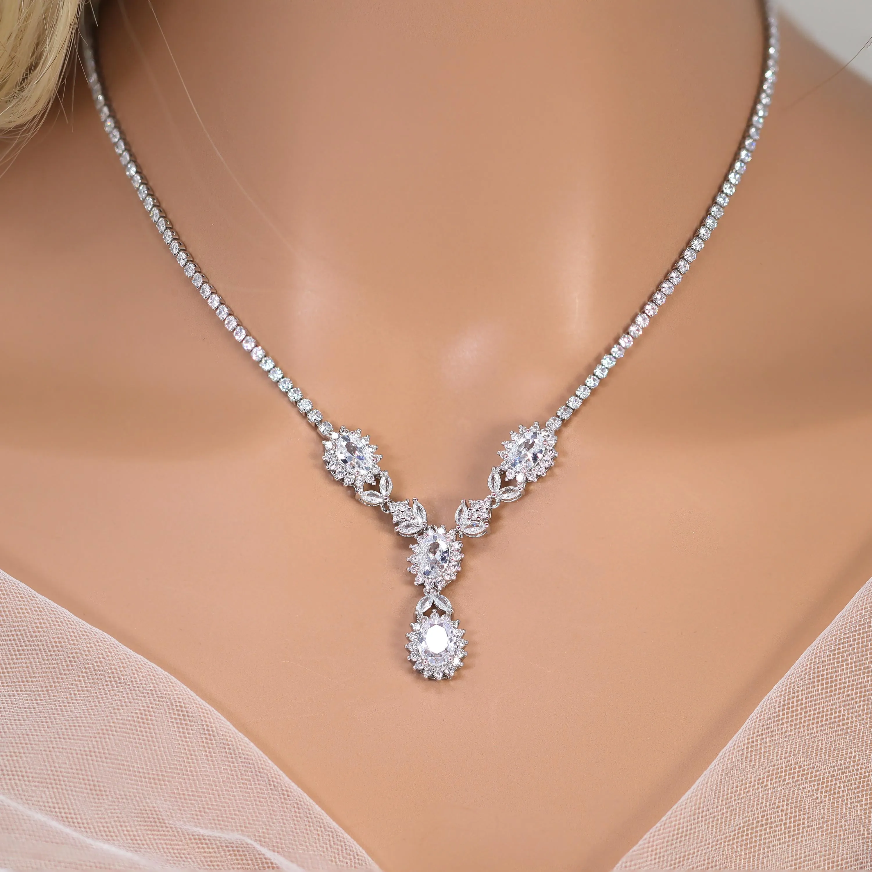 Swarovski Crystal Bridal Floral Serenity Leaves Necklace , Long Bridal Jewelry, Bridal Necklace, Statement Necklace Cz Necklace Set.