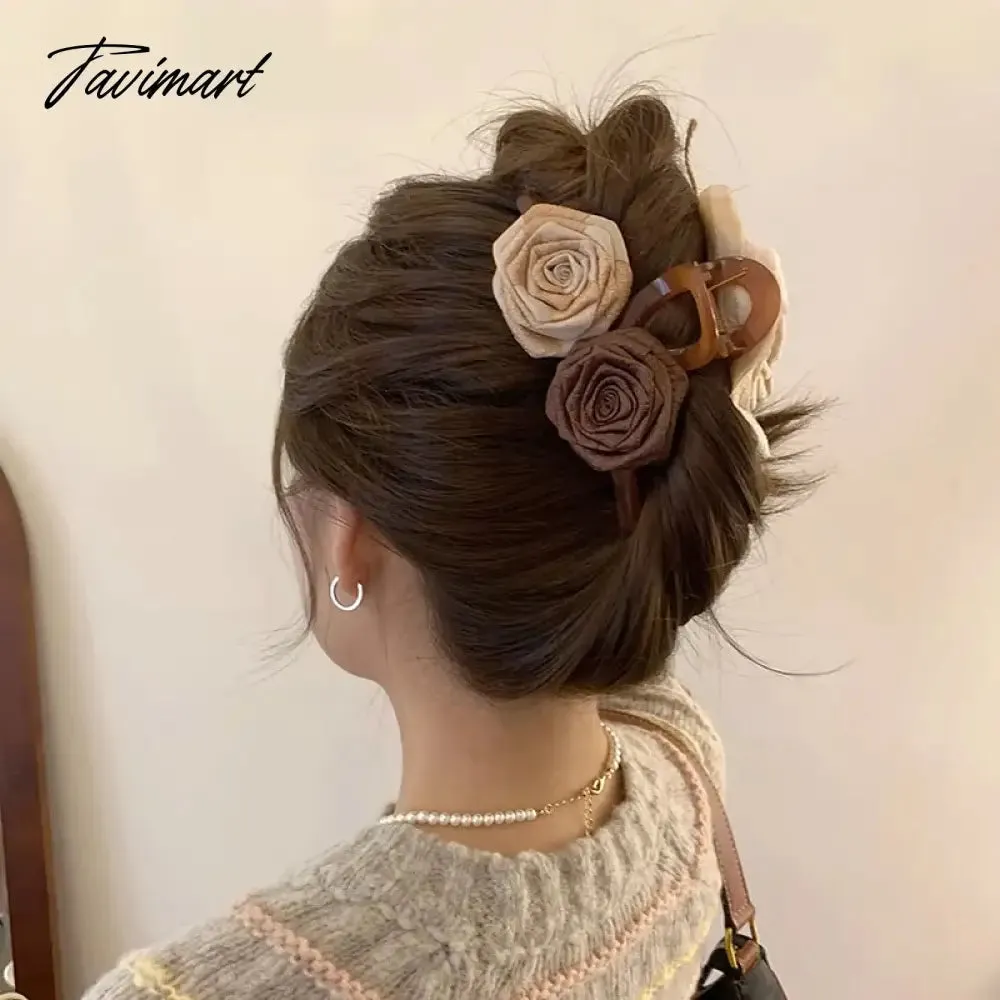 Tavimart New Coffee Color Dried Rose Scratch Clip Flower Scratch Clip Female Back Of Head Large Headdress Shark Clip Hair Accessory