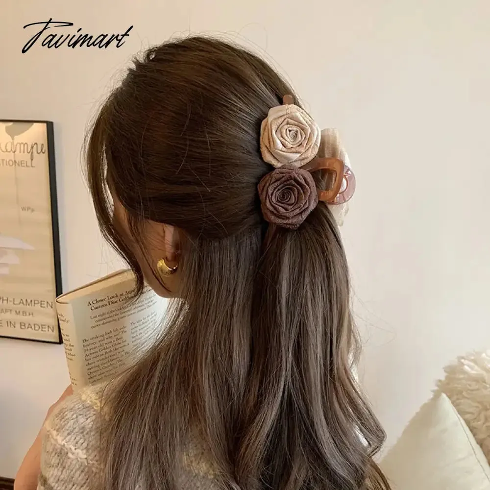 Tavimart New Coffee Color Dried Rose Scratch Clip Flower Scratch Clip Female Back Of Head Large Headdress Shark Clip Hair Accessory