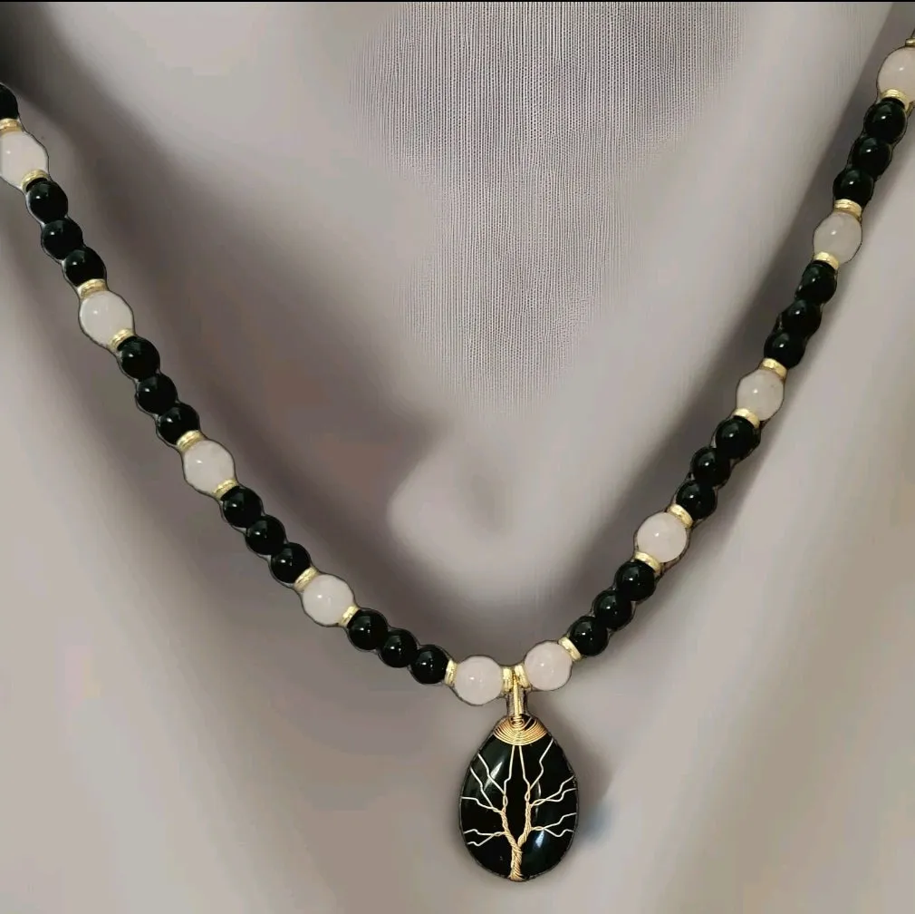 Teardrop Black Onyx & Rose Quartz Pendant Necklace "Mystic Elegance"