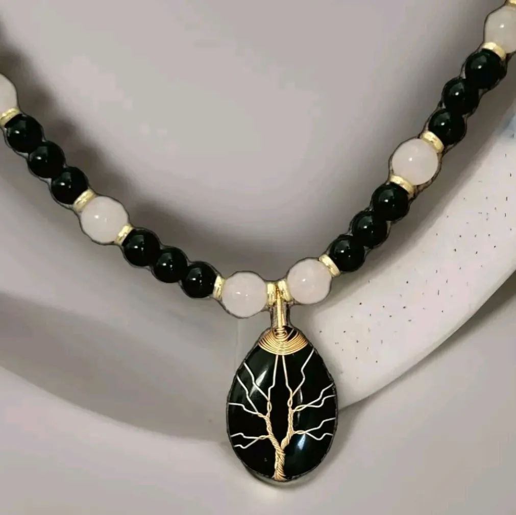 Teardrop Black Onyx & Rose Quartz Pendant Necklace "Mystic Elegance"