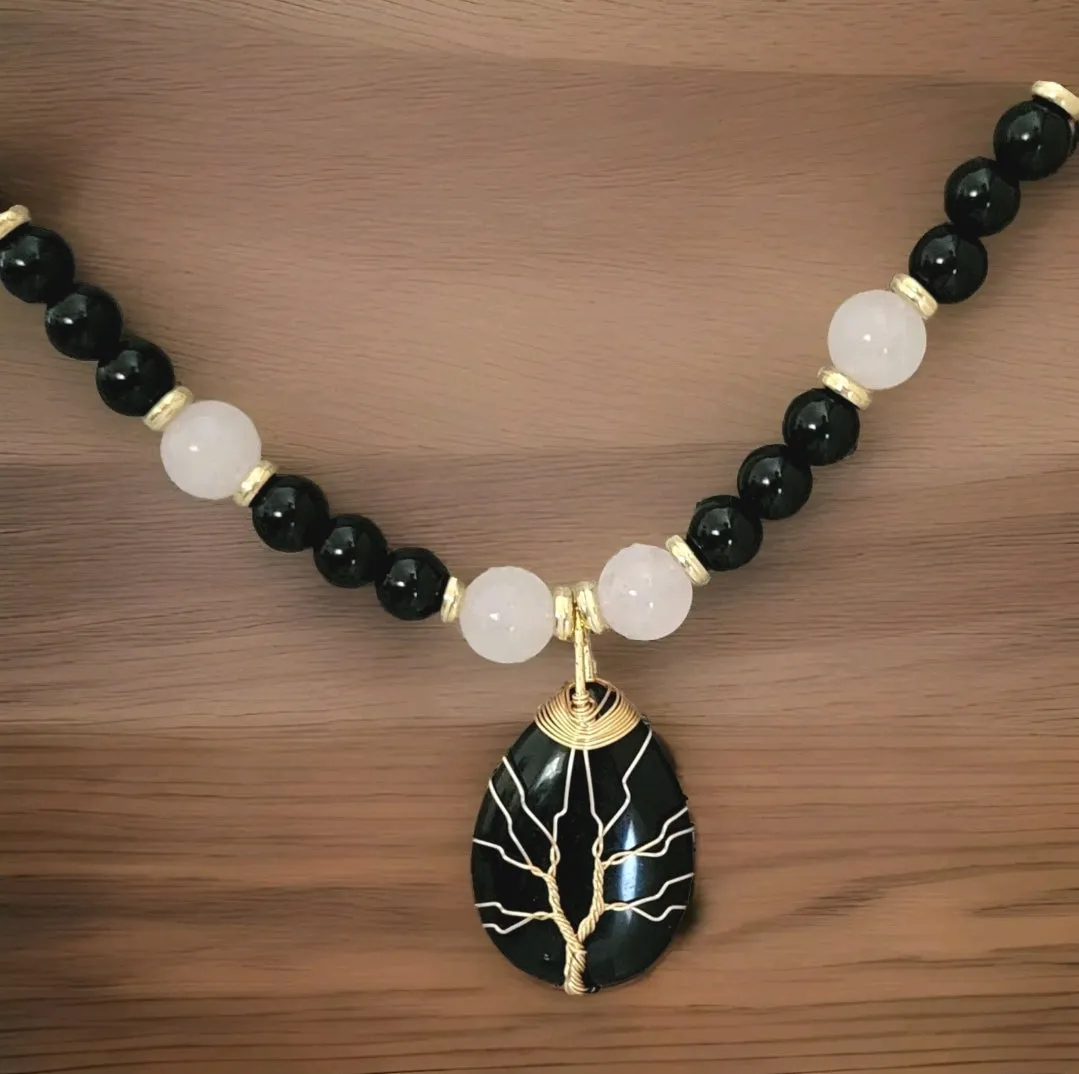 Teardrop Black Onyx & Rose Quartz Pendant Necklace "Mystic Elegance"