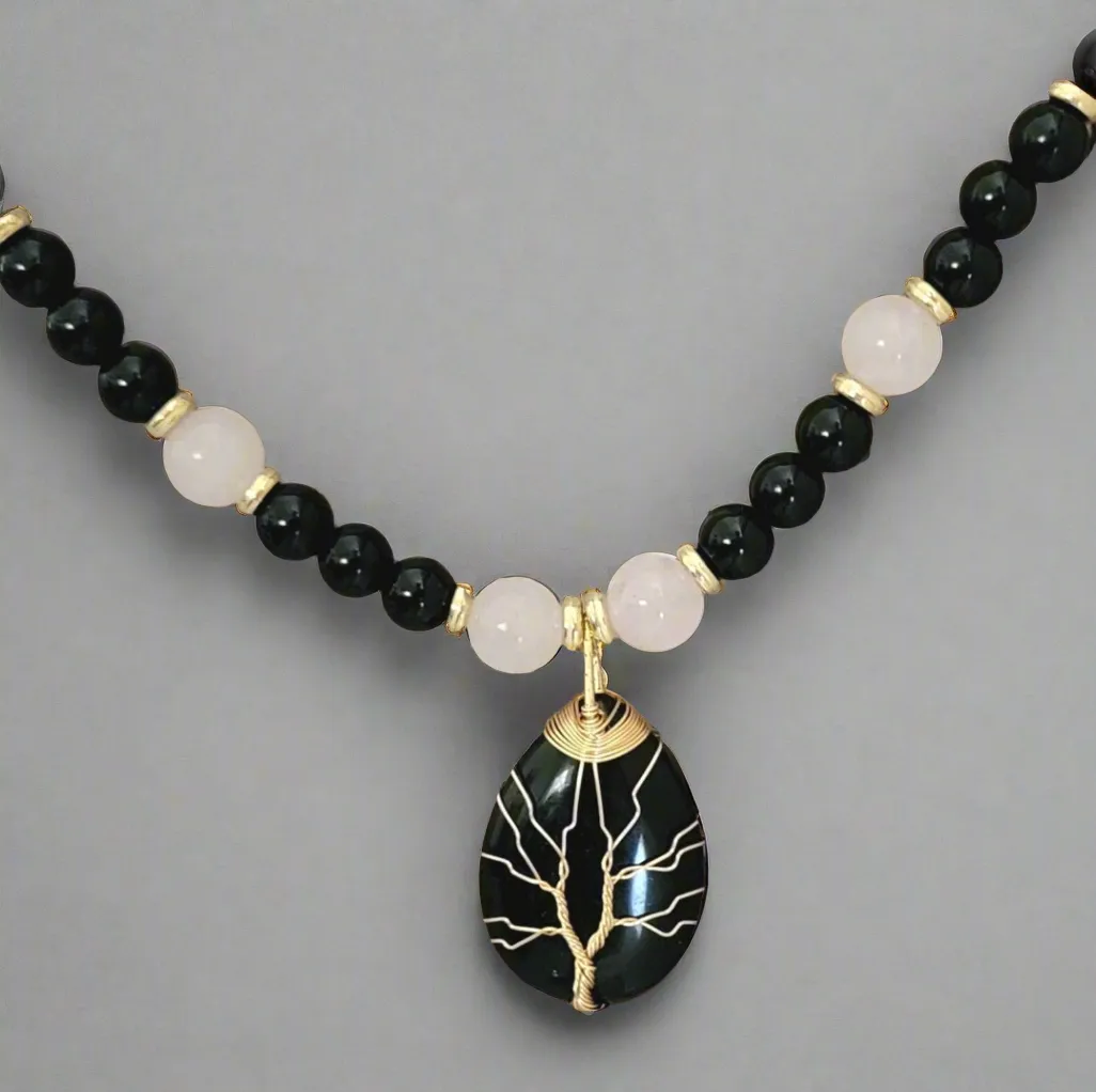 Teardrop Black Onyx & Rose Quartz Pendant Necklace "Mystic Elegance"