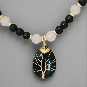 Teardrop Black Onyx & Rose Quartz Pendant Necklace "Mystic Elegance"