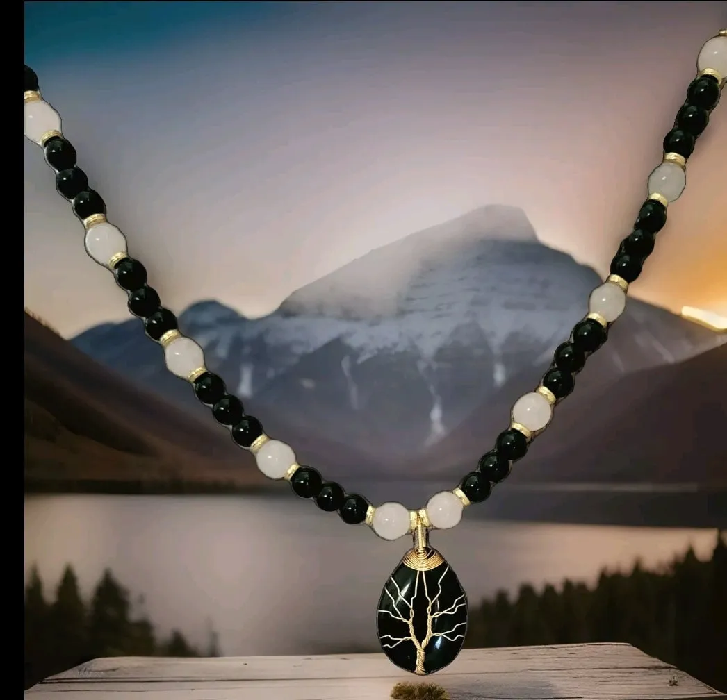 Teardrop Black Onyx & Rose Quartz Pendant Necklace "Mystic Elegance"