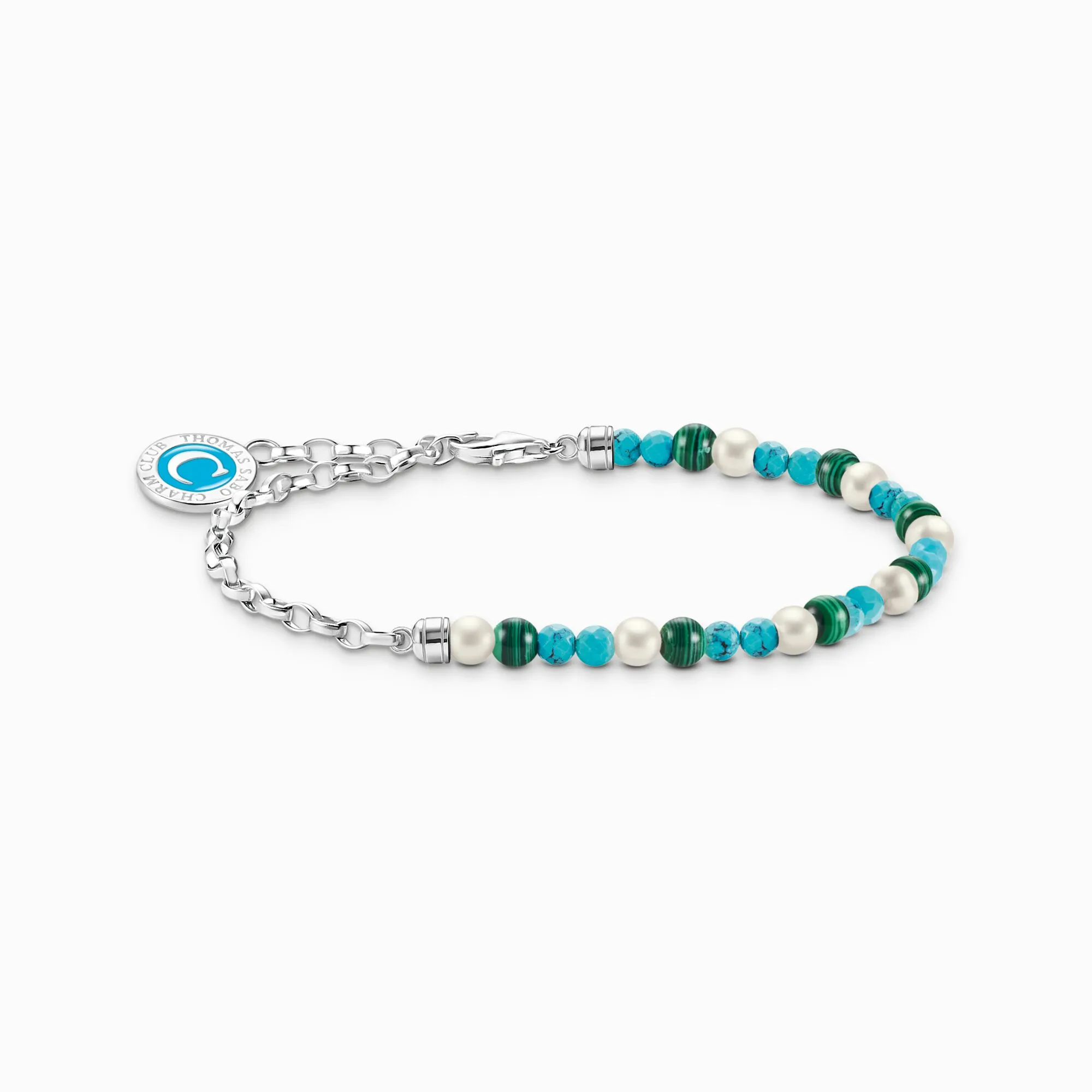 Thomas Sabo Member Charm Bracelet With White Pearls, Malachite And Charmista Disc Silver A2130-158-7-L13