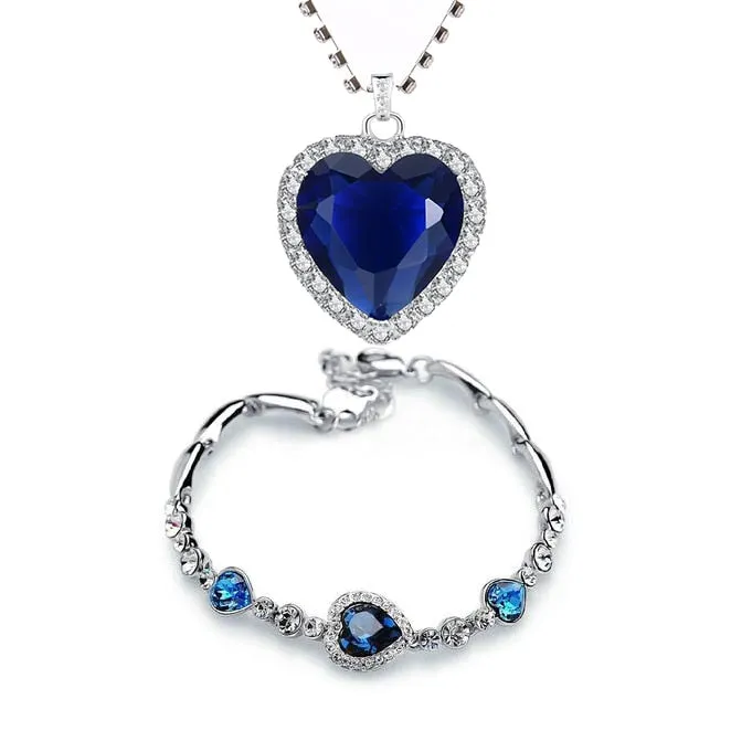 Titanic Heart of the Ocean Necklaces for Women Peach Heart Blue Crystal Zircon Bracelets and Necklaces Jewelry Sets with Velvet Bags