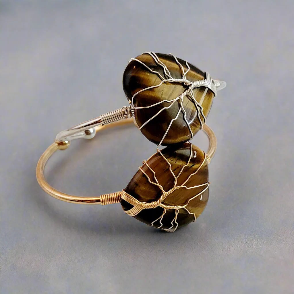 Tree of Life Wire Wrapped Tiger's Eye Heart Bangle Bracelet