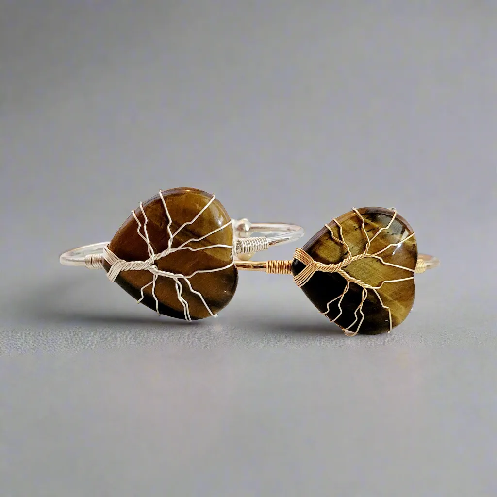 Tree of Life Wire Wrapped Tiger's Eye Heart Bangle Bracelet