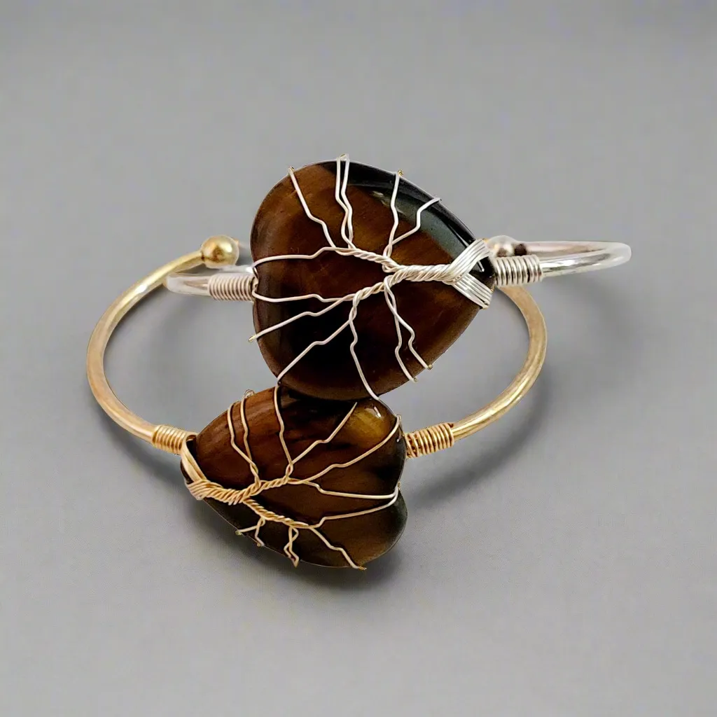 Tree of Life Wire Wrapped Tiger's Eye Heart Bangle Bracelet