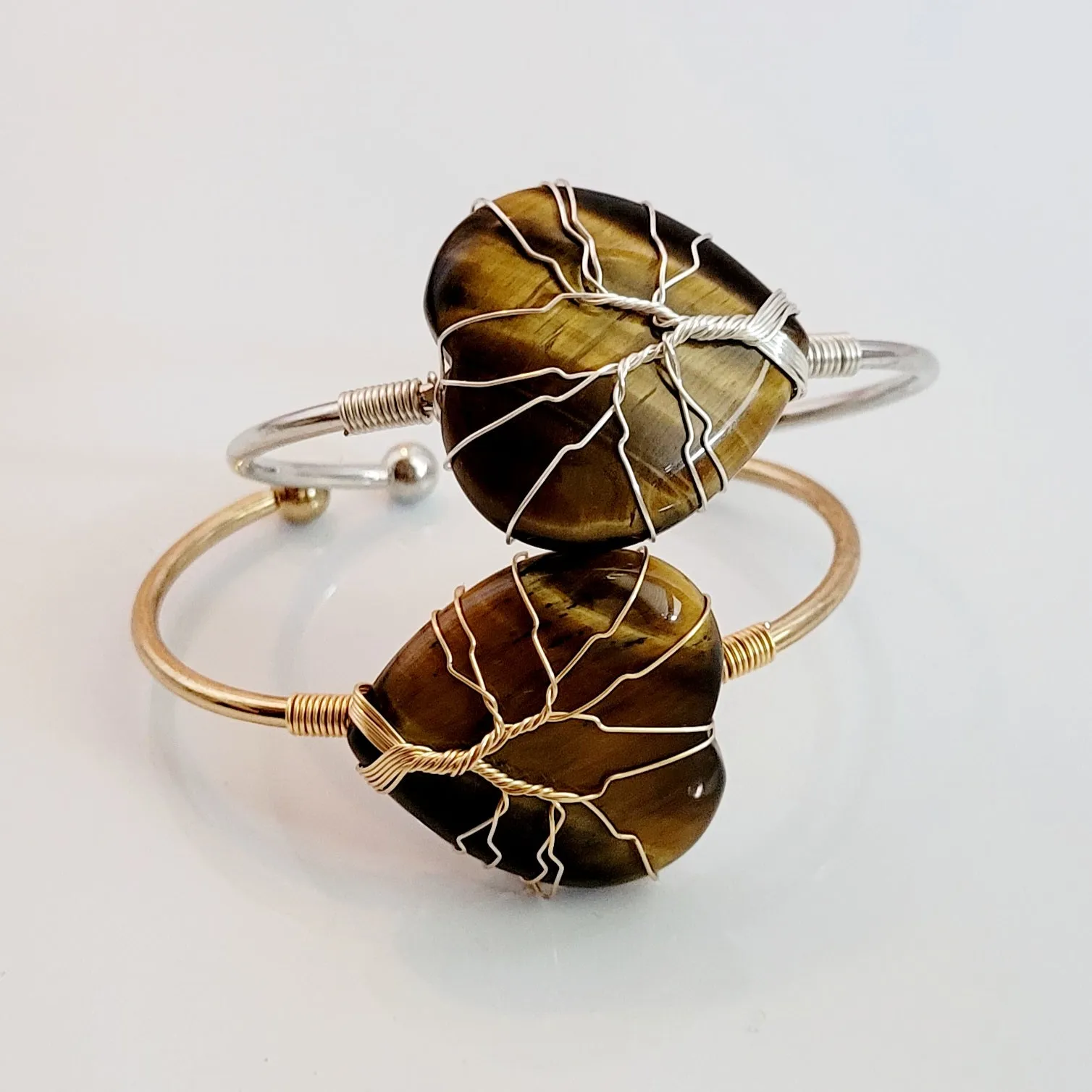 Tree of Life Wire Wrapped Tiger's Eye Heart Bangle Bracelet