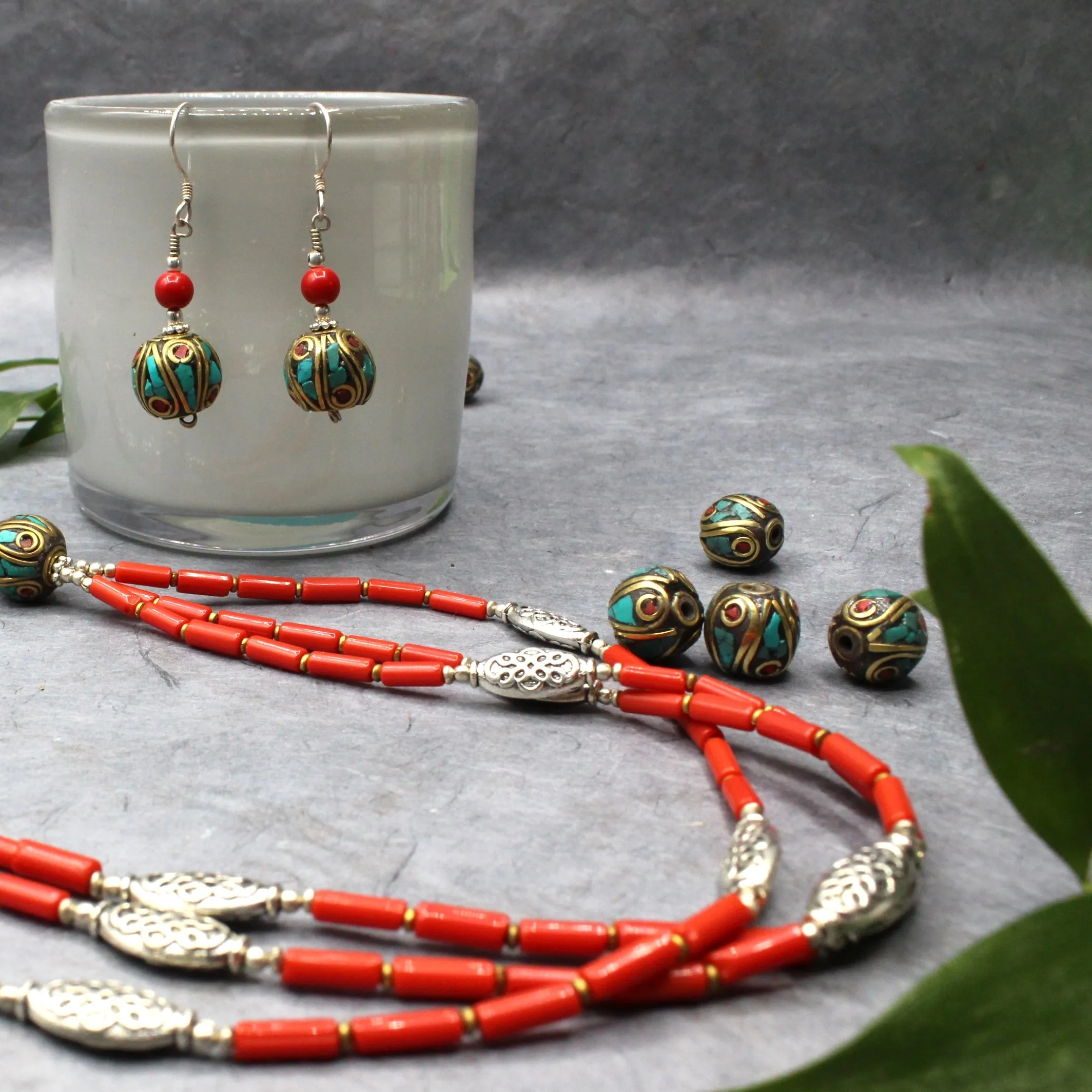 Turquoise & Coral Round Earrings with Coral Bead