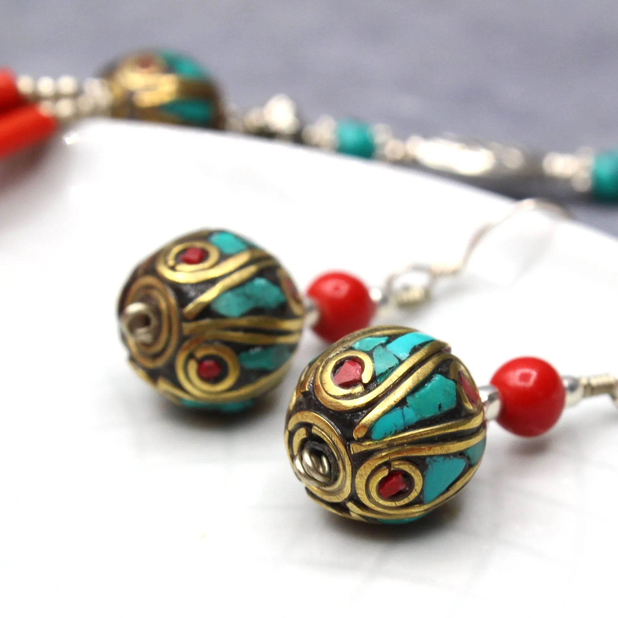 Turquoise & Coral Round Earrings with Coral Bead