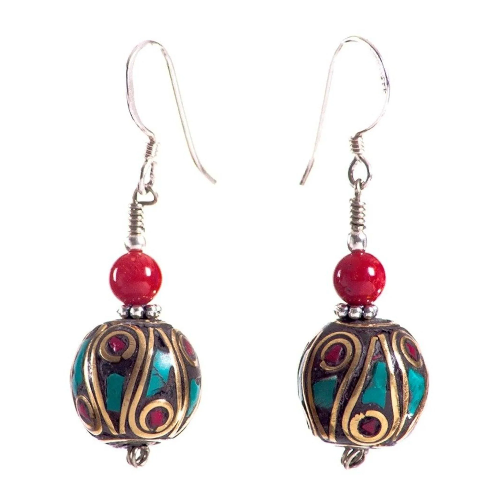 Turquoise & Coral Round Earrings with Coral Bead