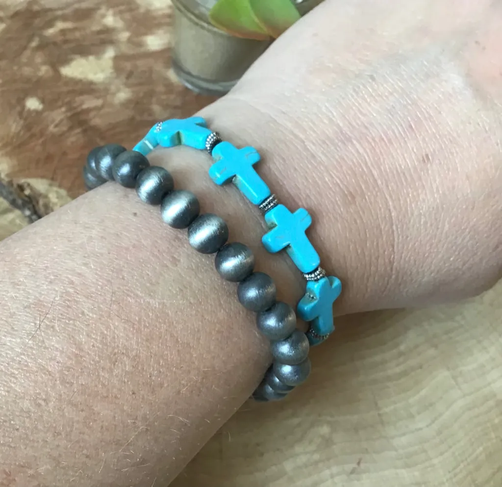 Turquoise & Navajo Style Pearl Stretch Bracelet Duo