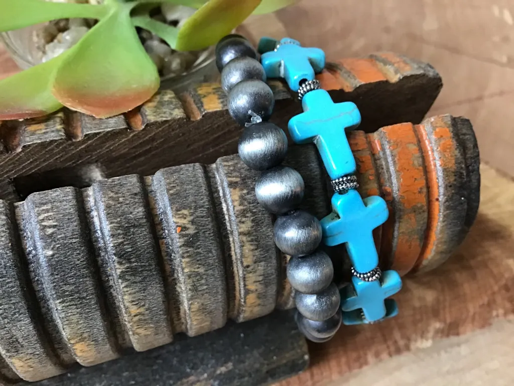 Turquoise & Navajo Style Pearl Stretch Bracelet Duo