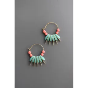 Turquoise and coral glass small hoop earrings