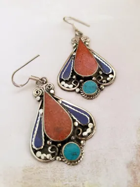 Turquoise and Coral Tribal Earrings