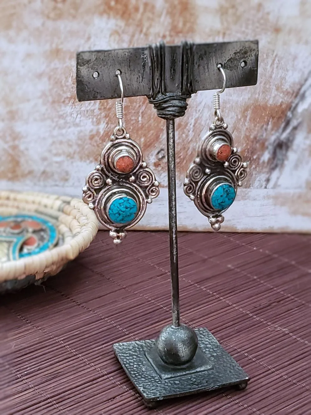 Turquoise Earrings with Coral Accent