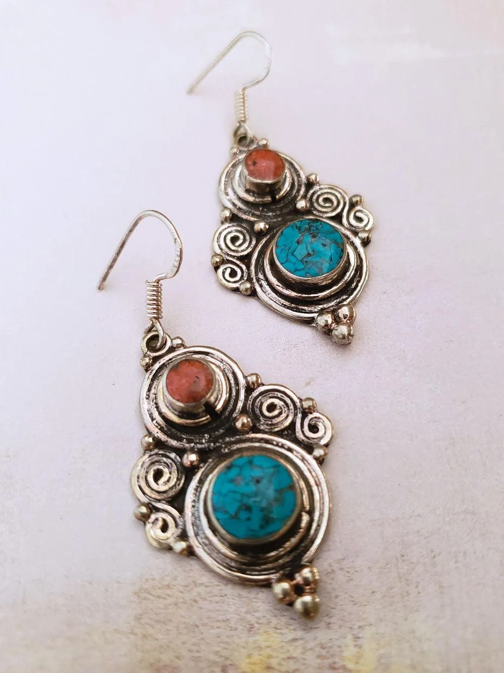 Turquoise Earrings with Coral Accent