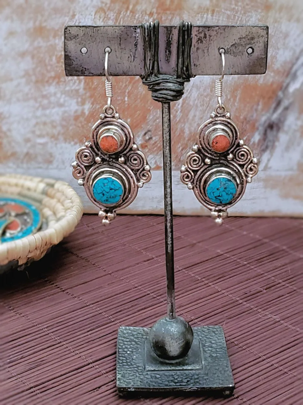 Turquoise Earrings with Coral Accent