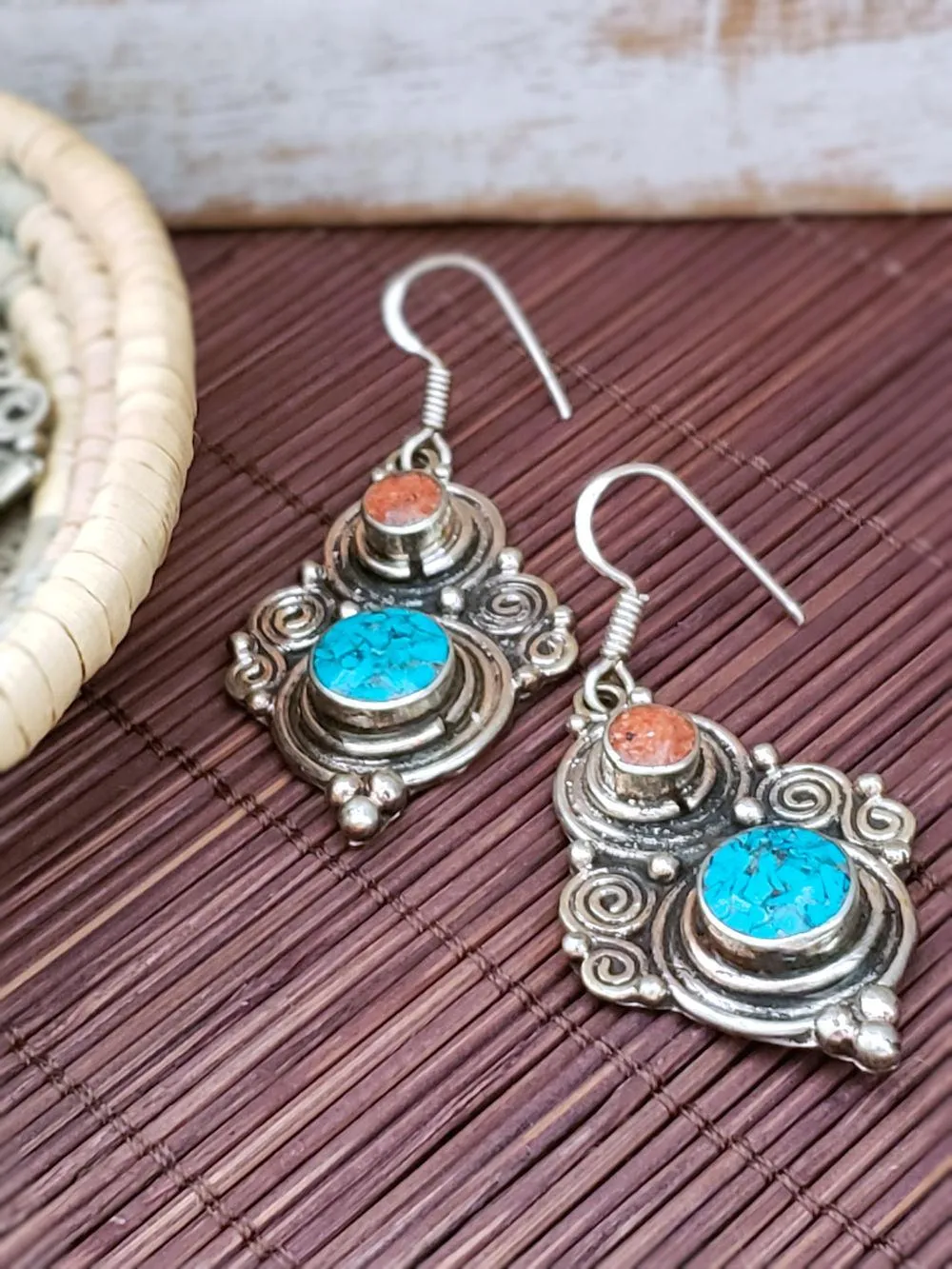 Turquoise Earrings with Coral Accent