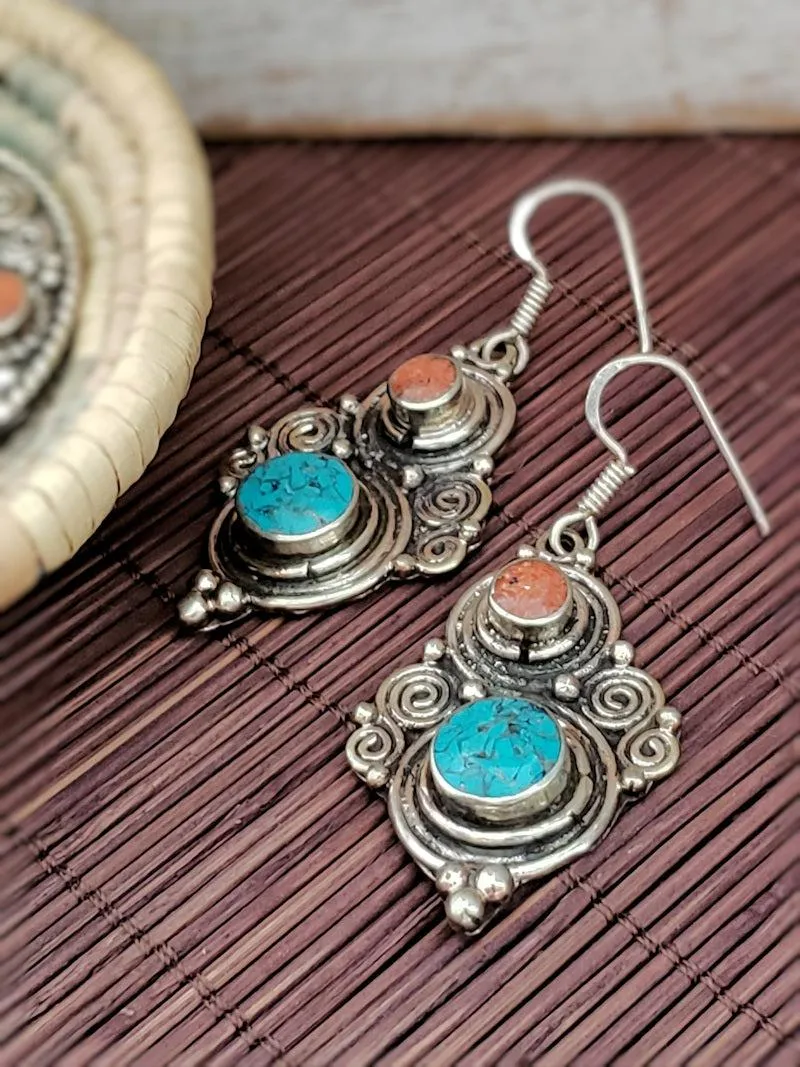 Turquoise Earrings with Coral Accent