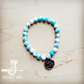 **Turquoise White Beaded Stretch Bracelet w/ Coin 809i