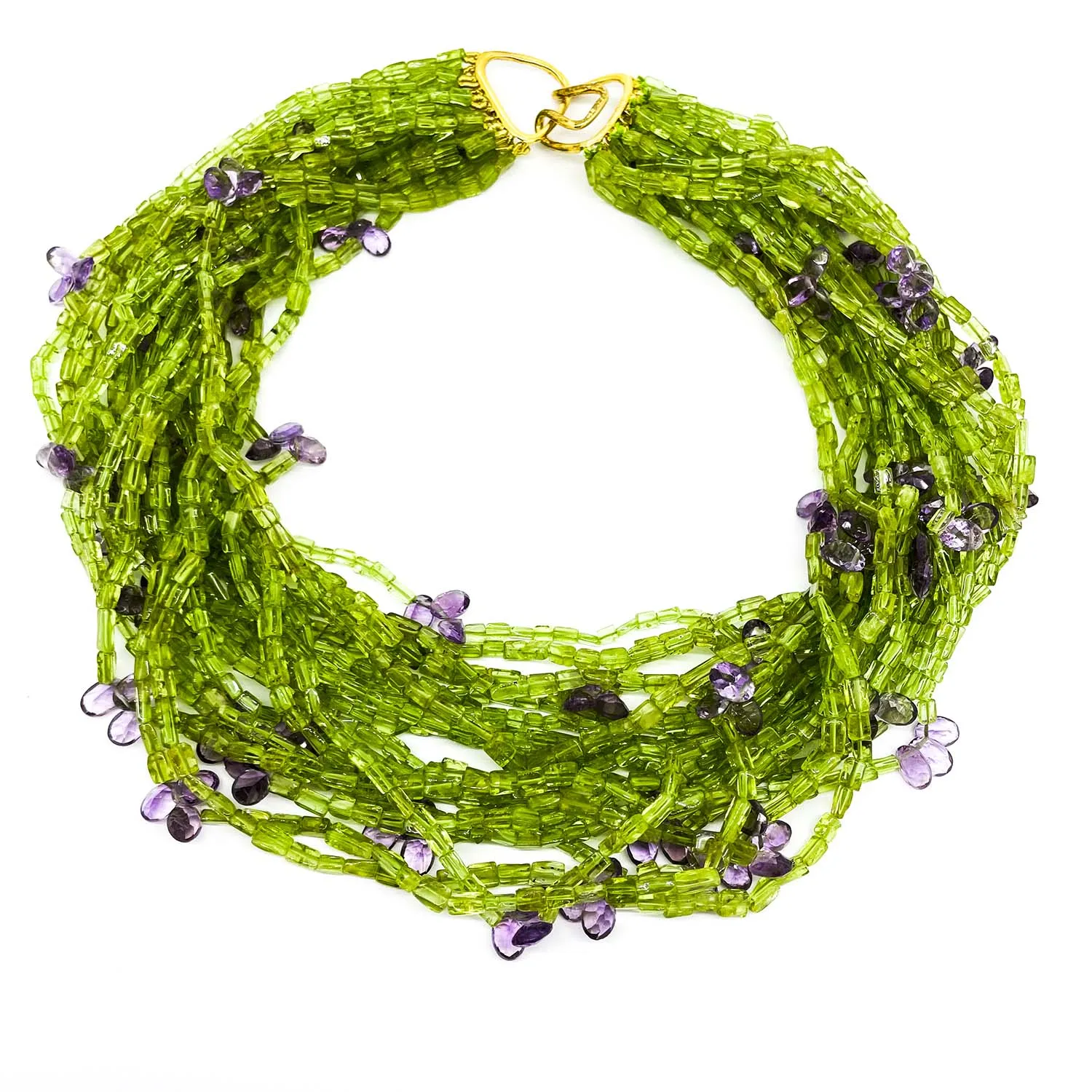 Twenty strand Peridot And Amethyst Statement Necklace