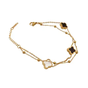 Twin Ball & Chain White and Gold Clover Bracelet