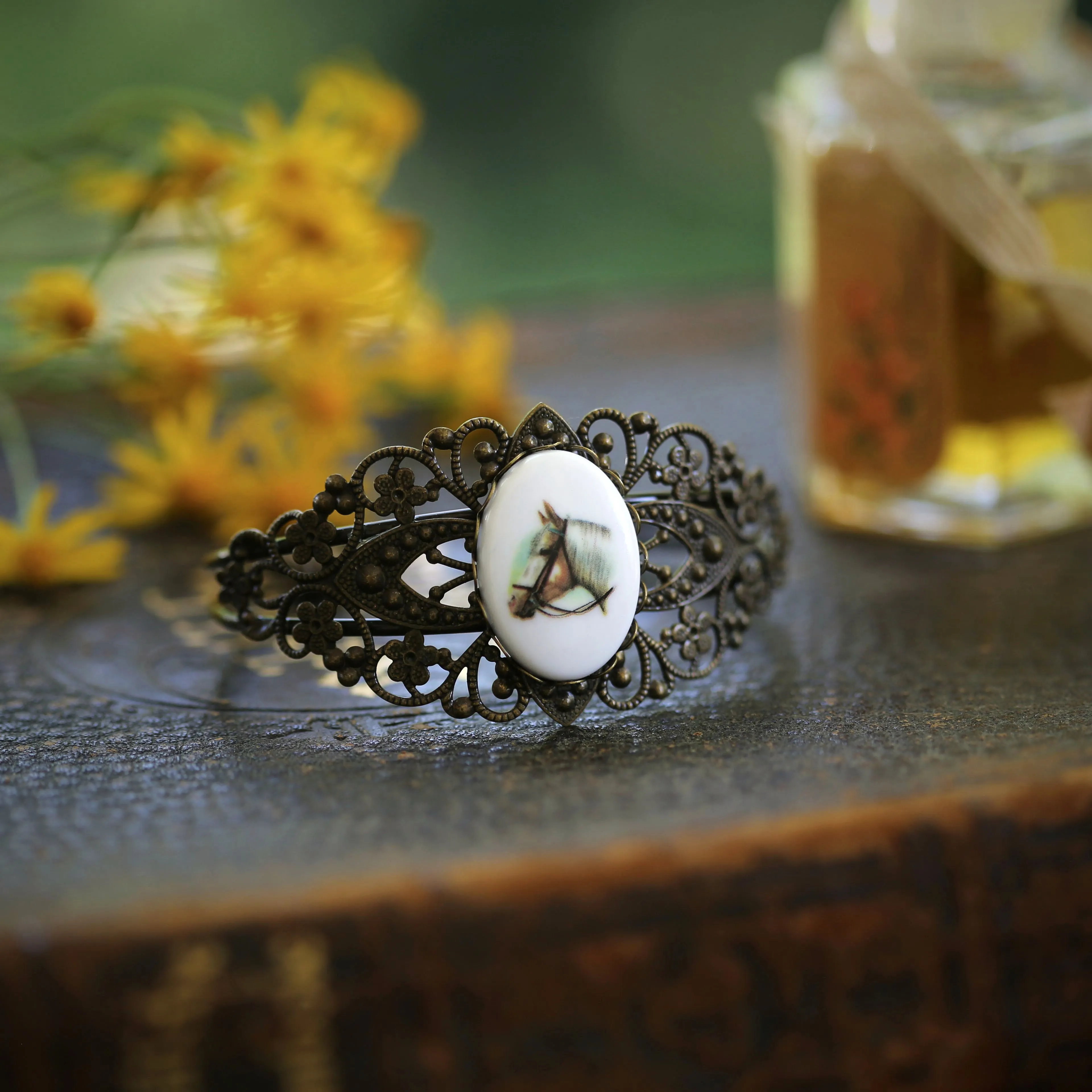 Vintage Horse Cameo Cuff Bracelet