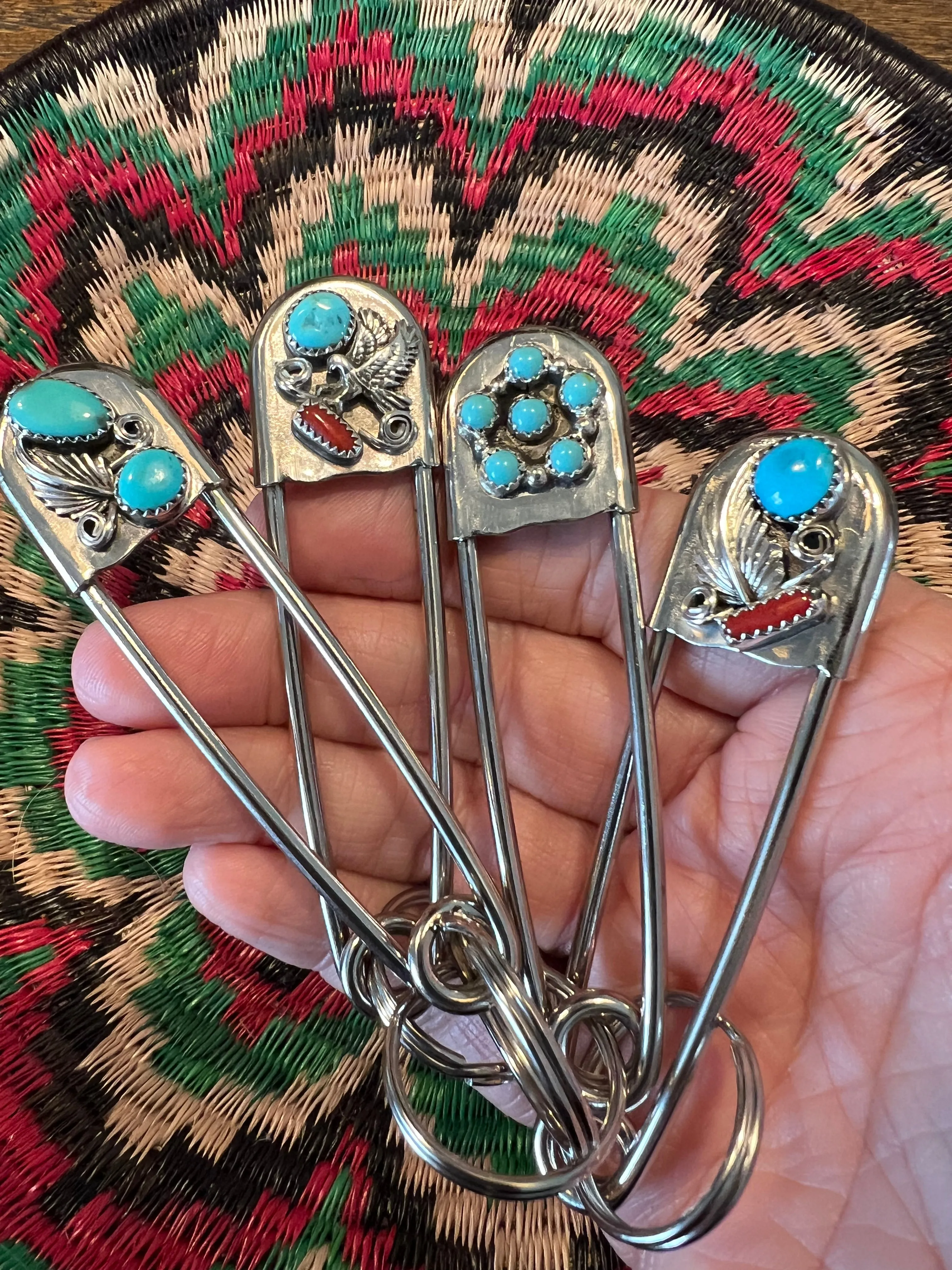 Vintage style Native American Turquoise large safety pin keychain