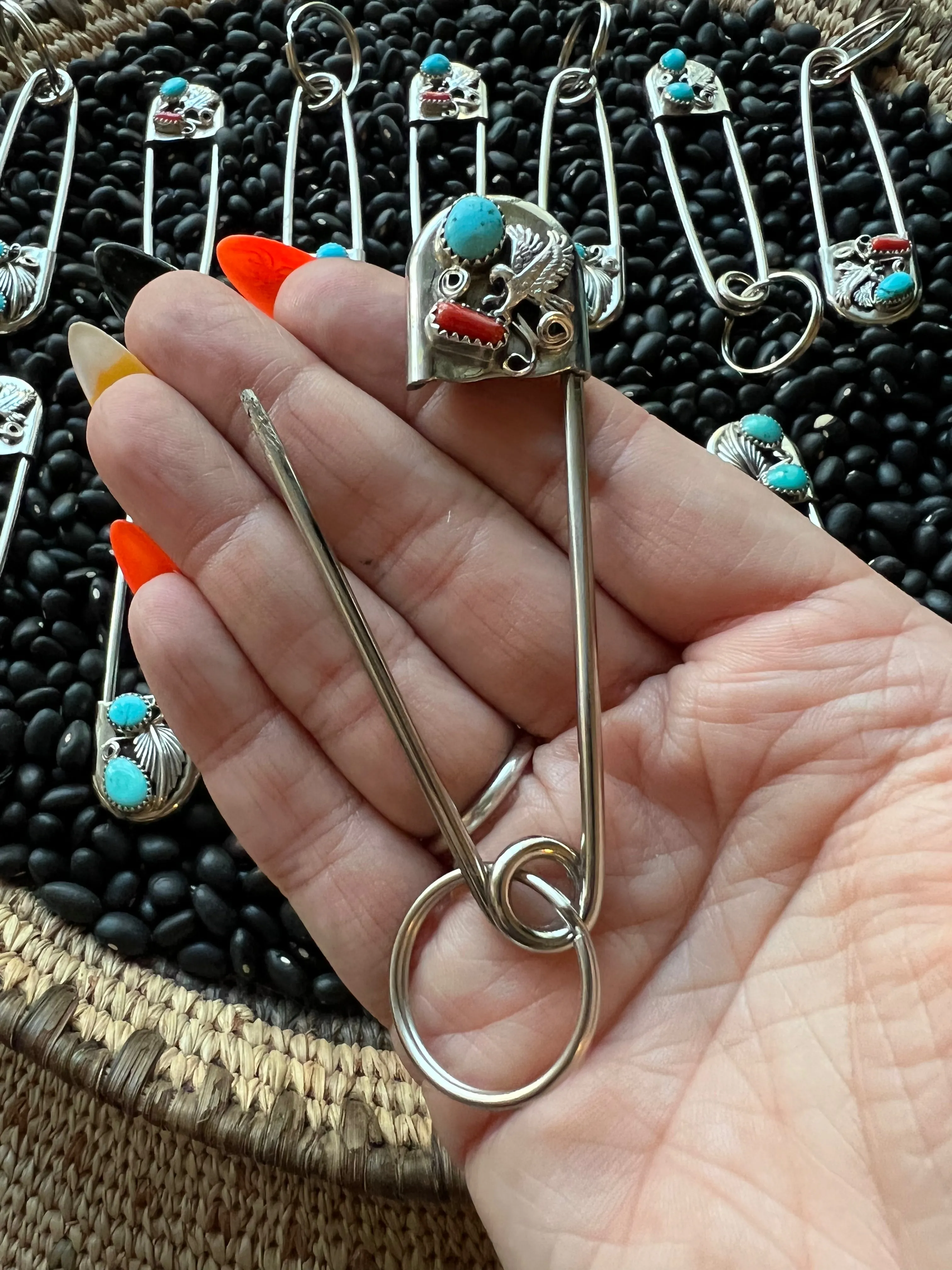 Vintage style Native American Turquoise large safety pin keychain