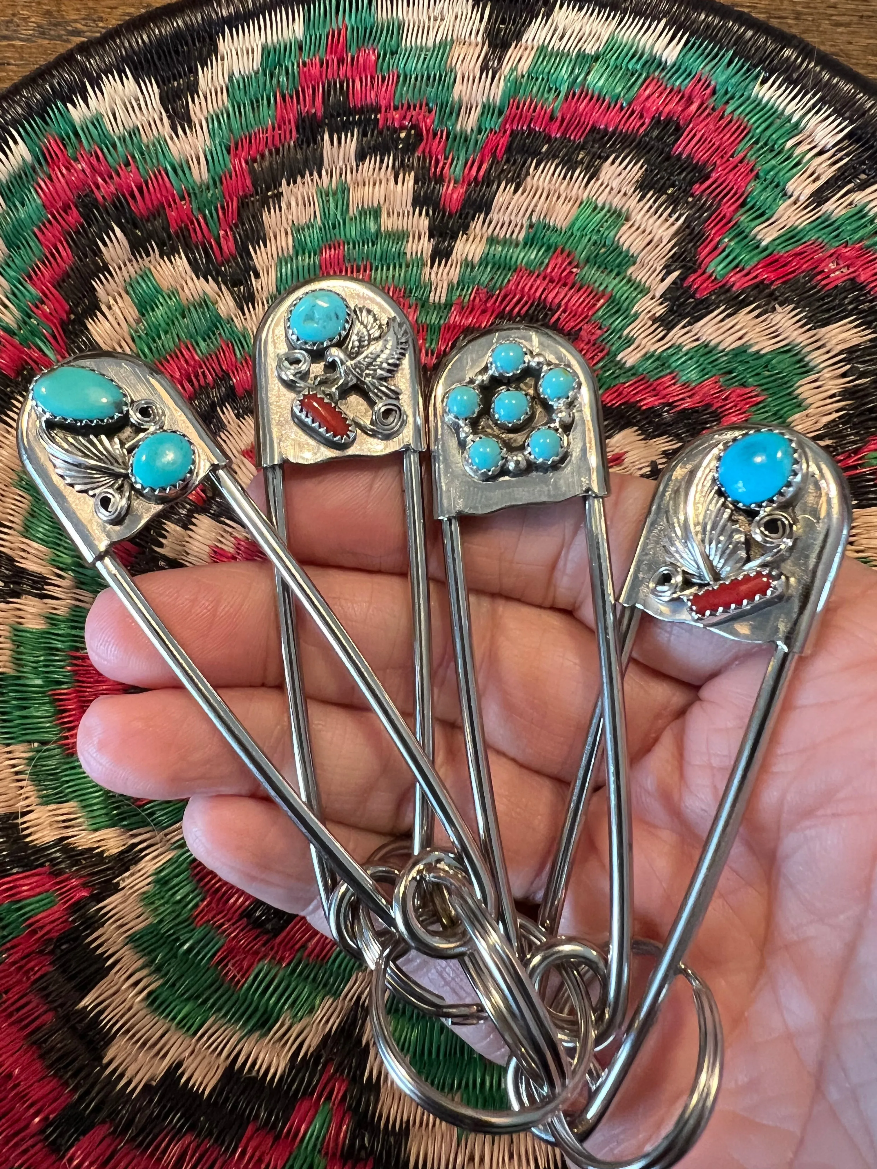 Vintage style Native American Turquoise large safety pin keychain