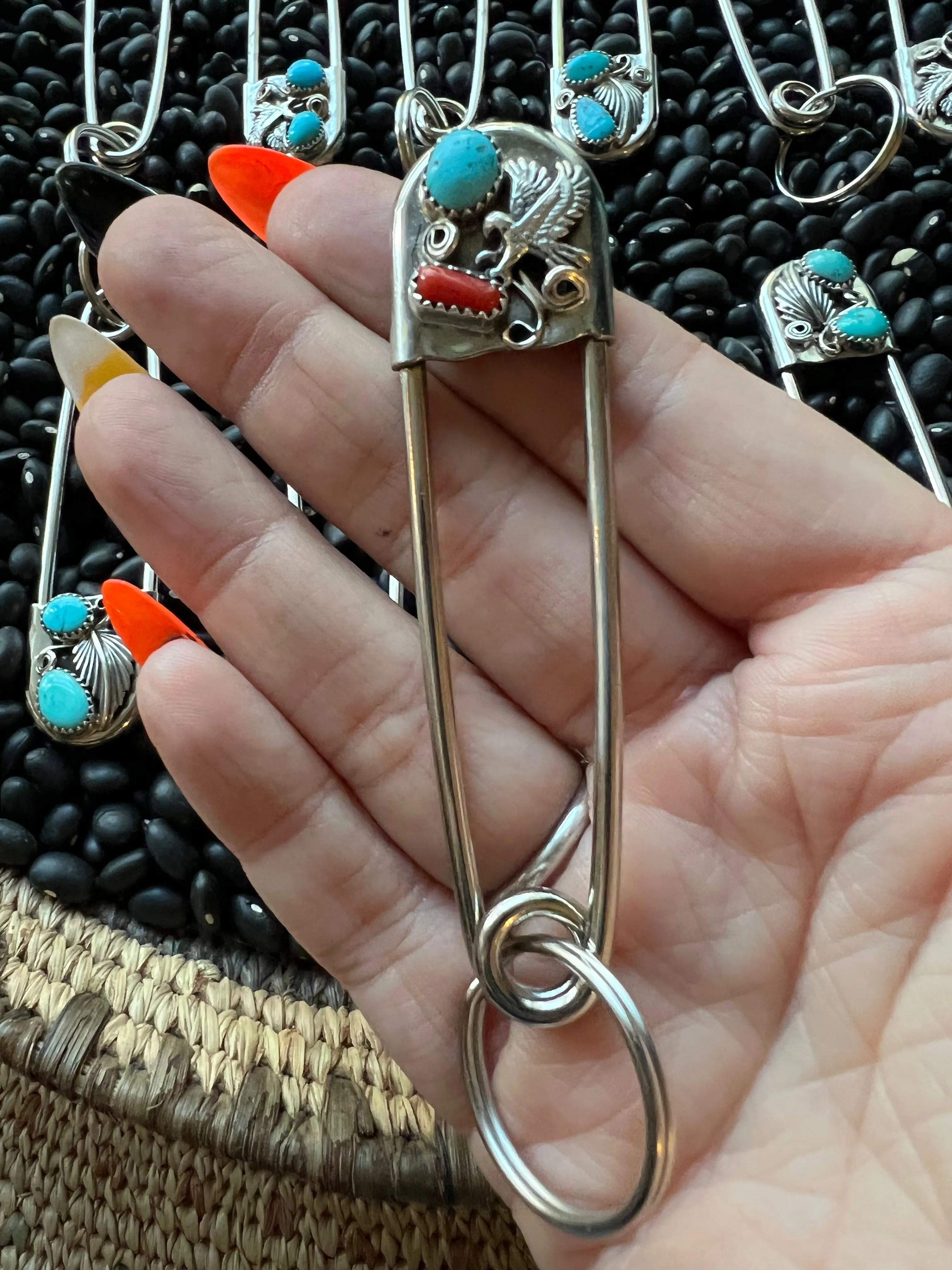 Vintage style Native American Turquoise large safety pin keychain