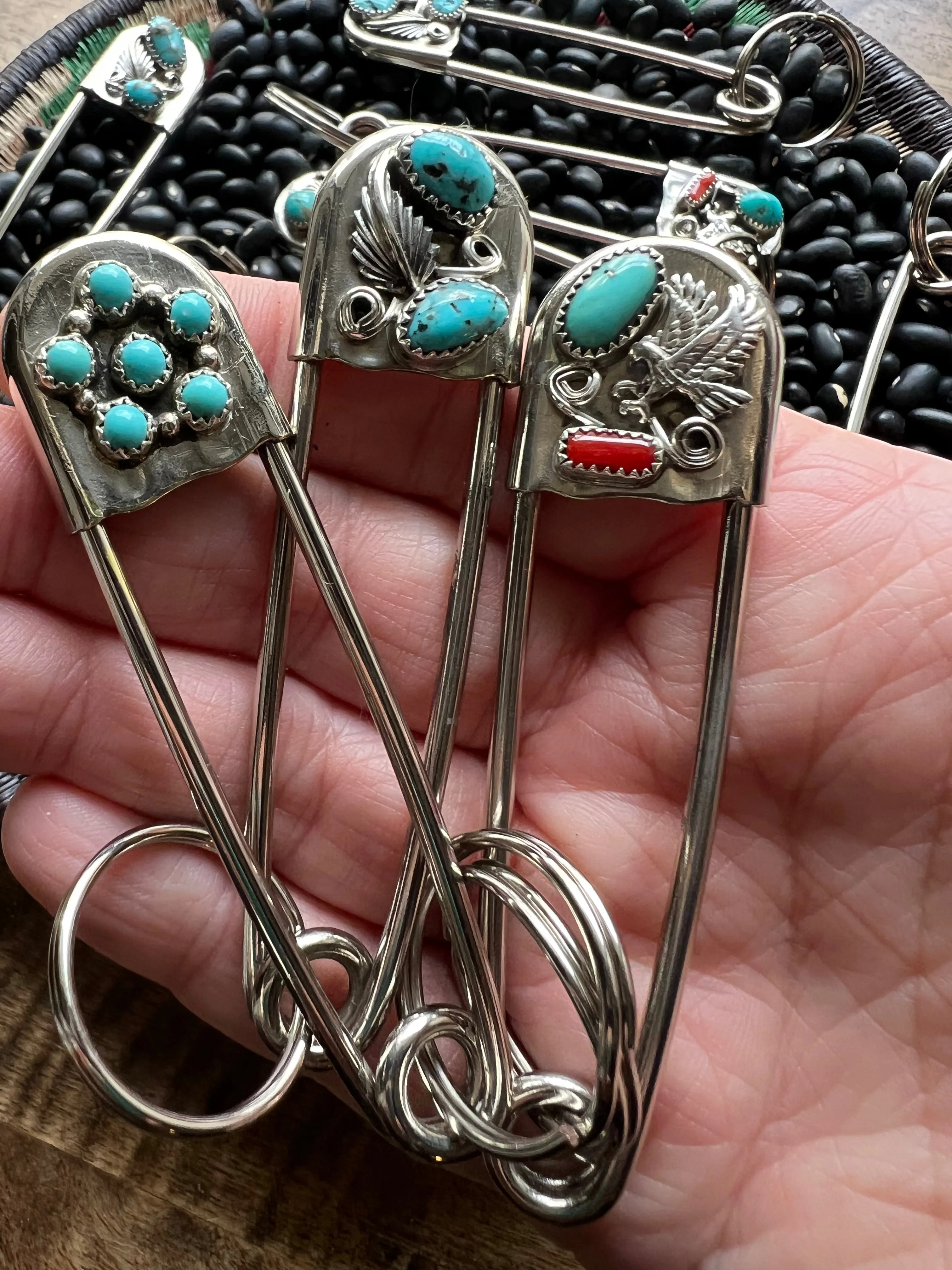 Vintage style Native American Turquoise large safety pin keychain