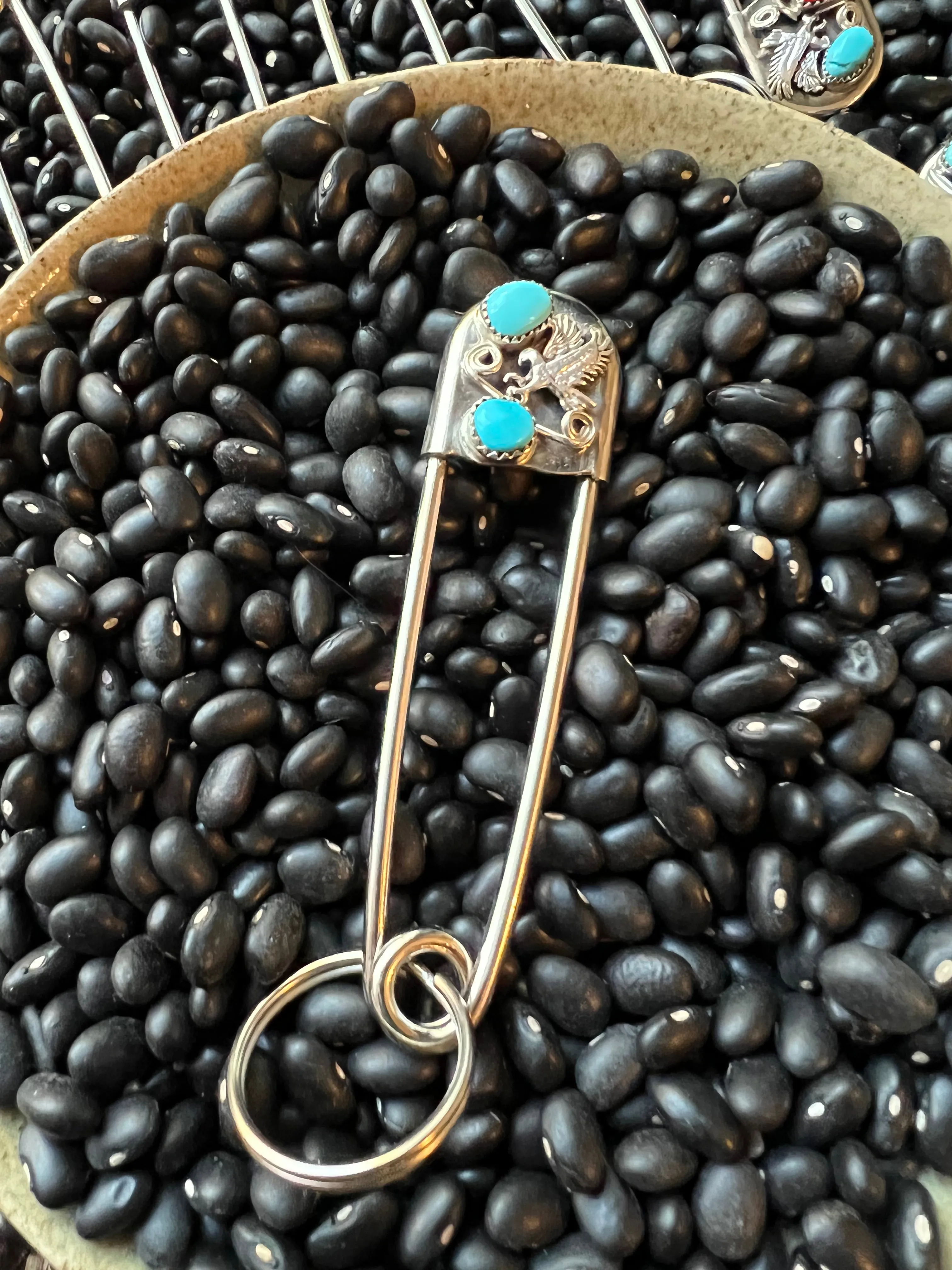 Vintage style Native American Turquoise large safety pin keychain