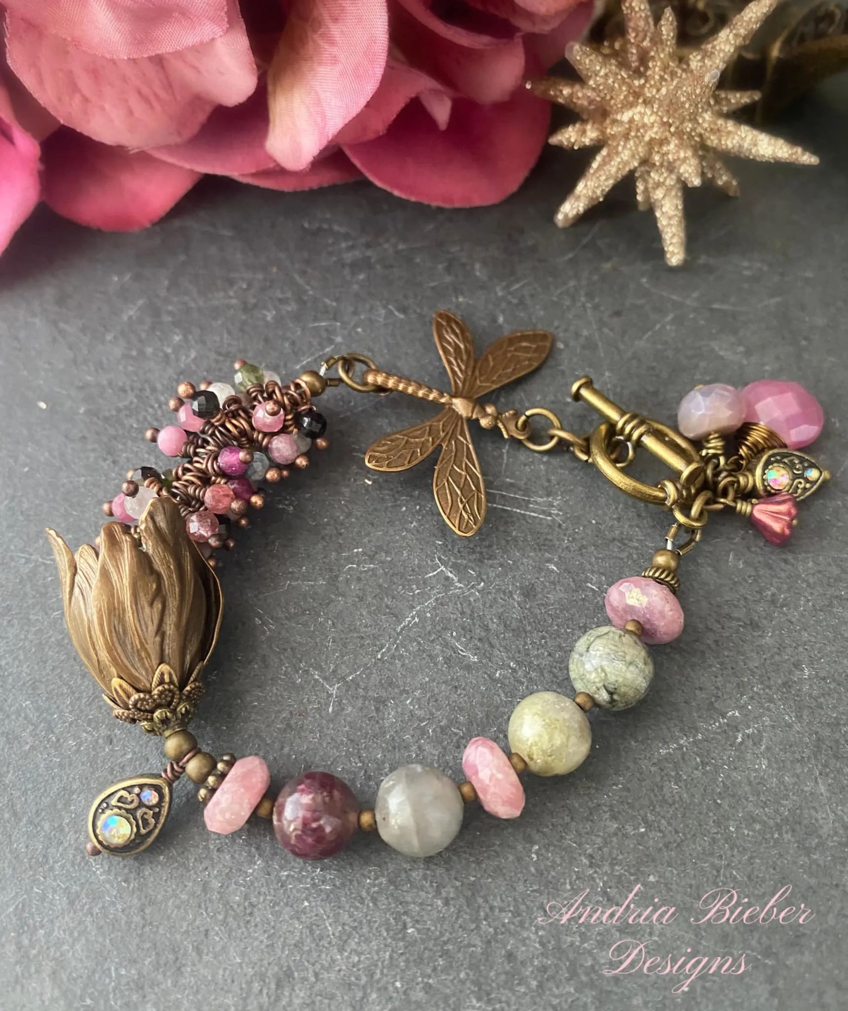 Watermelon tourmaline gemstone, dragonfly, charm bracelet, KIT