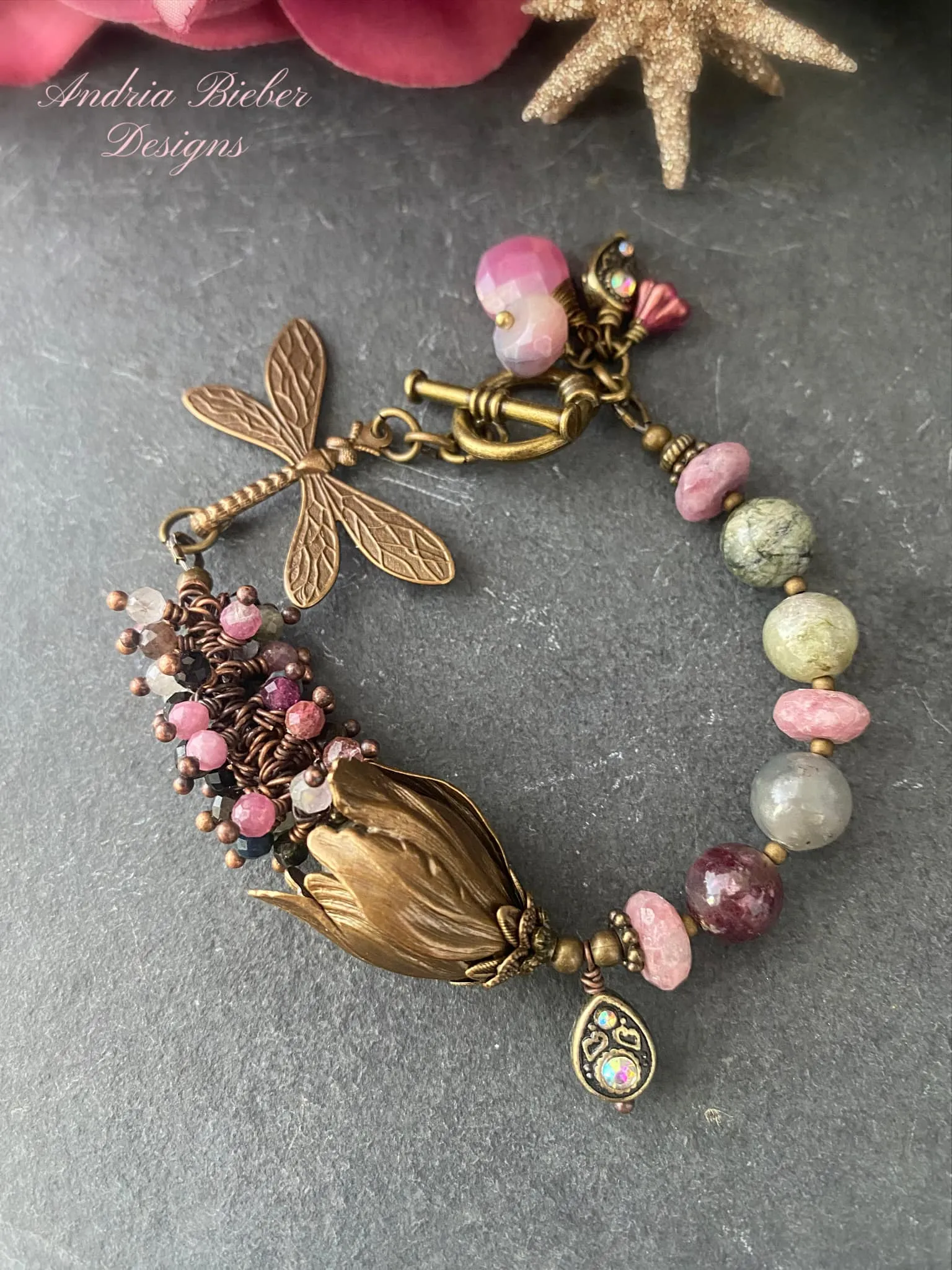 Watermelon tourmaline gemstone, dragonfly, charm bracelet, KIT