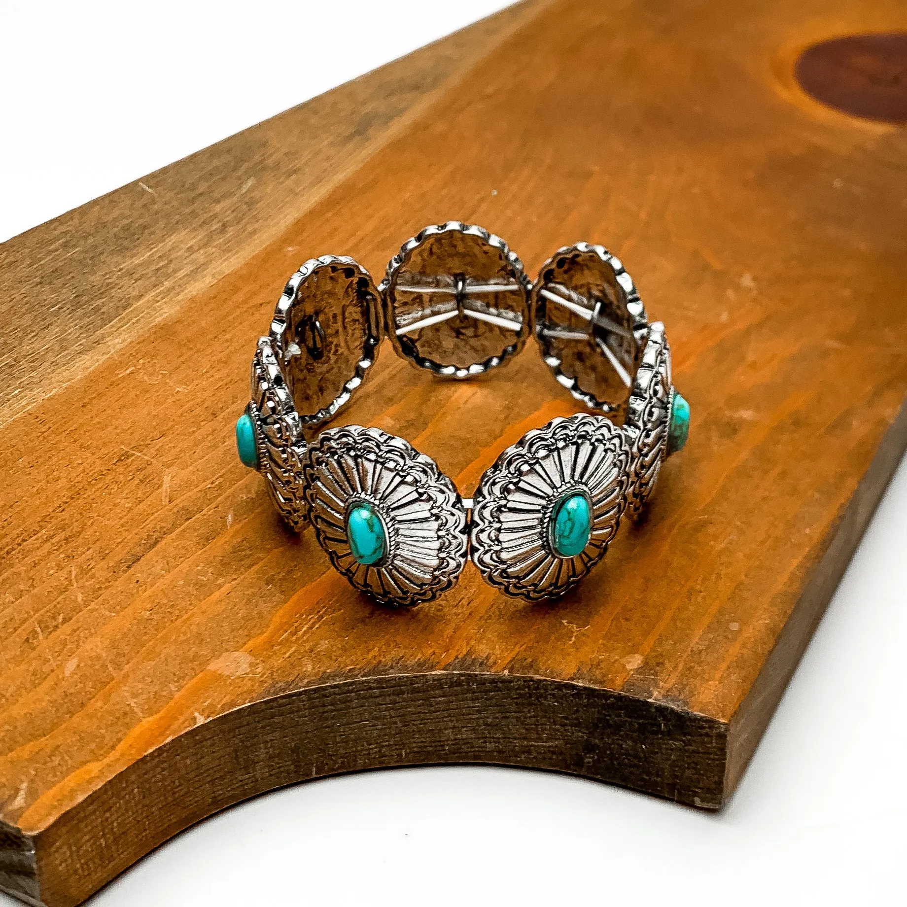 Western Concho Bracelet with Turquoise Center Stones in Silver Tone