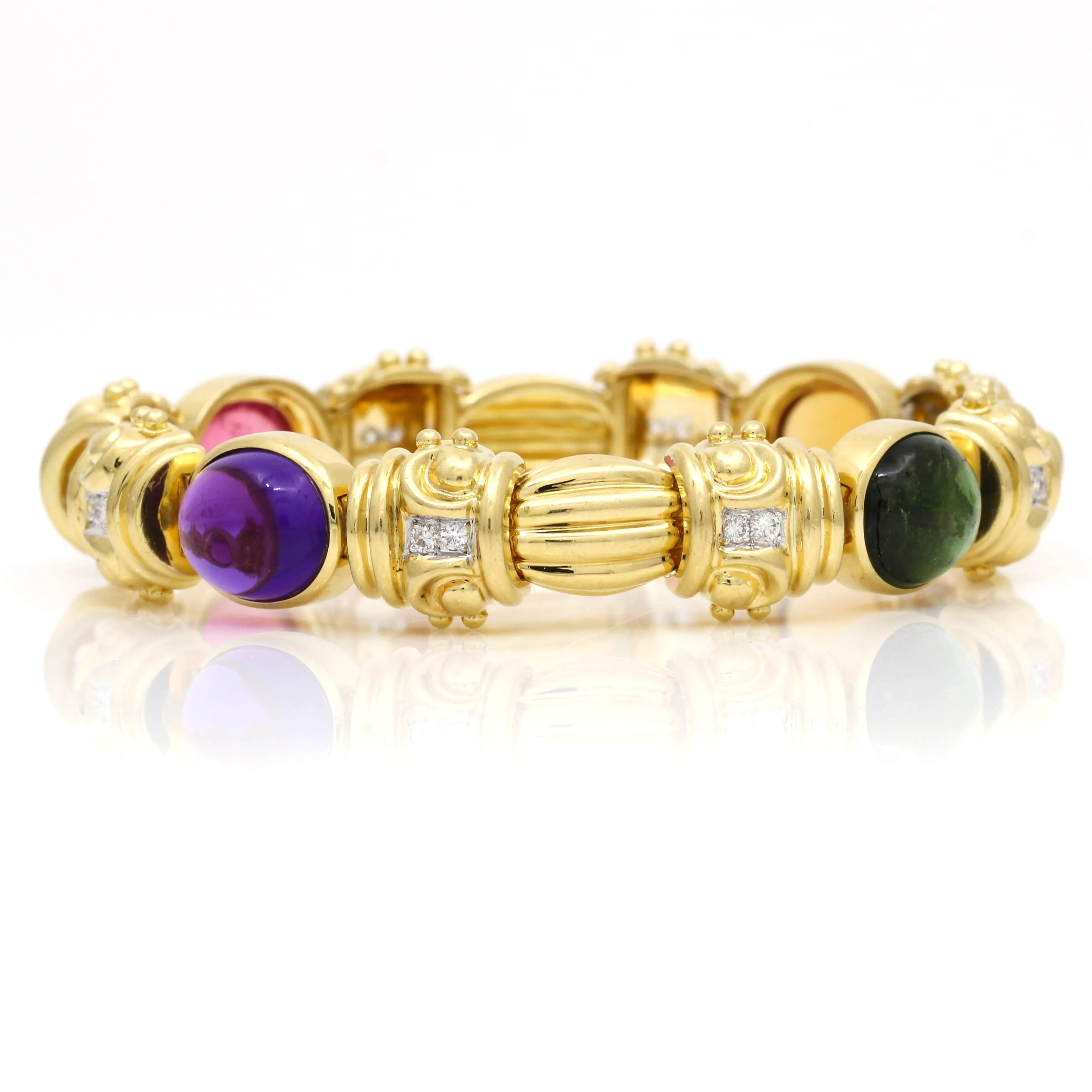 Women's 18k Yellow Gold Gemstone Diamond Fancy Link Statement Bracelet