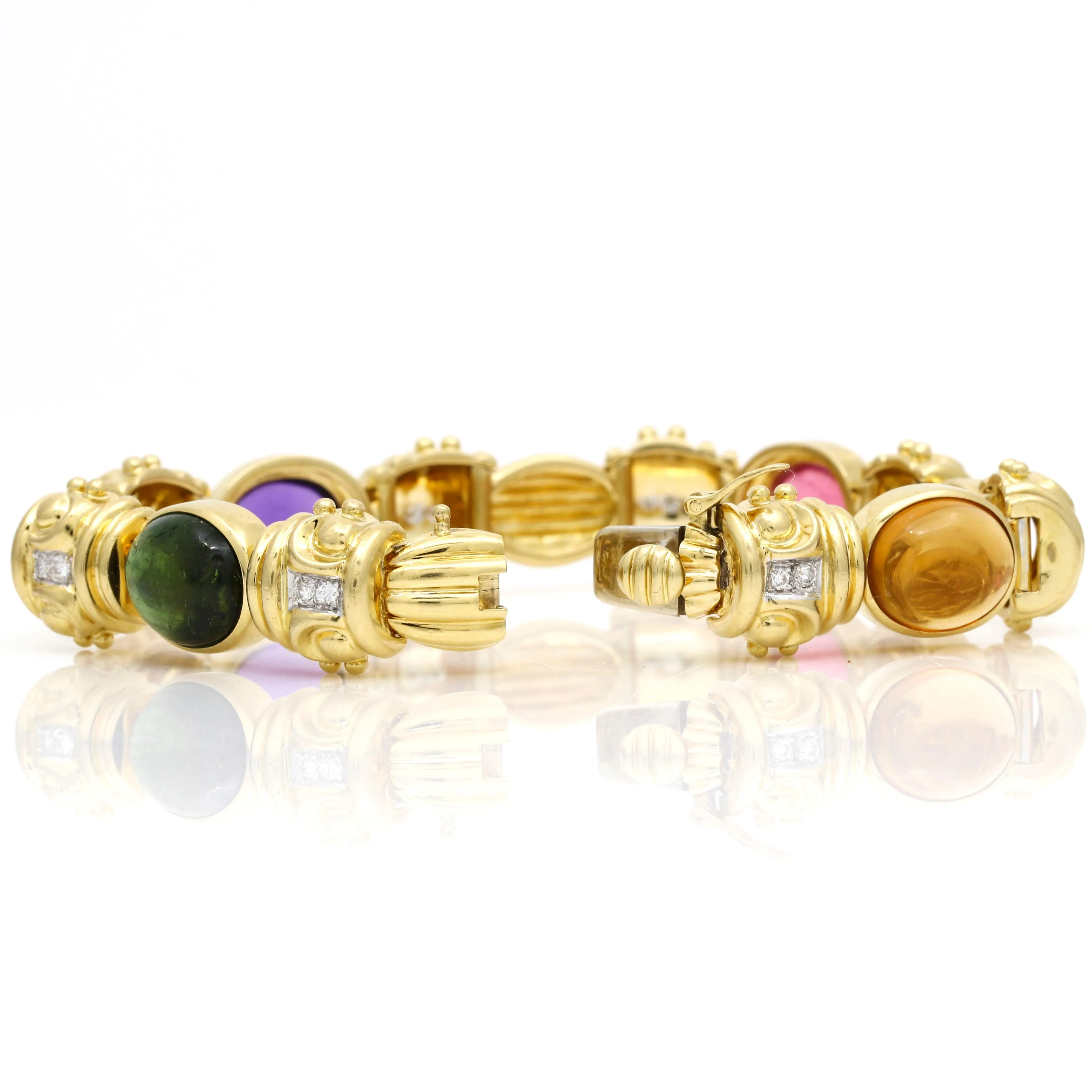 Women's 18k Yellow Gold Gemstone Diamond Fancy Link Statement Bracelet