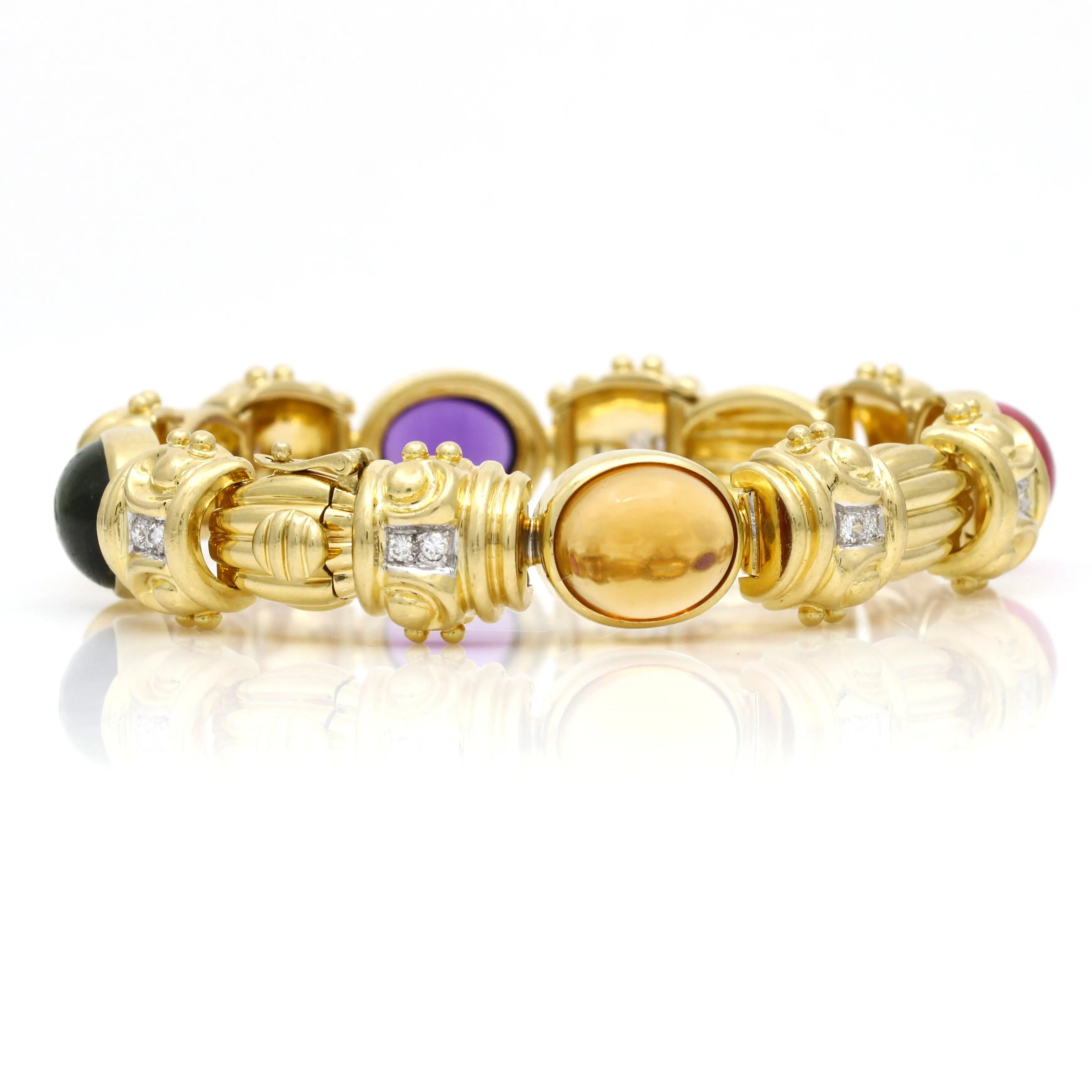 Women's 18k Yellow Gold Gemstone Diamond Fancy Link Statement Bracelet