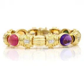 Women's 18k Yellow Gold Gemstone Diamond Fancy Link Statement Bracelet