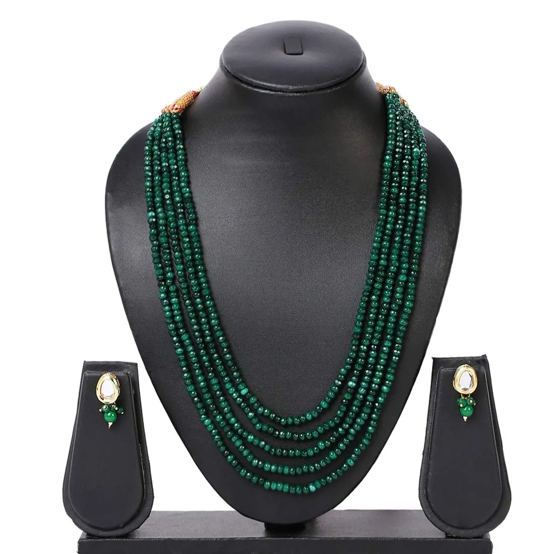 Yellow Chimes Classic Design Five Layers Emerald Green Onyx Stone Beads Semi Precious Gemstone Necklace set With Earrings For Women & Girls