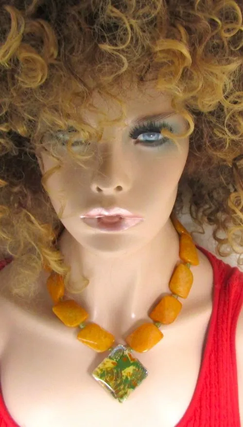 Yellow Jade & Artisan Handmade Gemstone  Bead Necklace